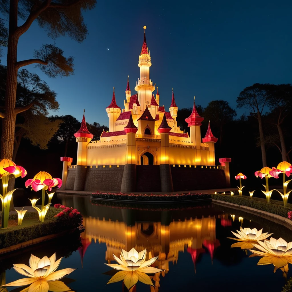 Create a realistic style image of a castle constructed entirely out of intricate floral lanterns. The lanterns emit a soft, warm glow, illuminating the castle's detailed architecture and the surrounding night landscape. Each lantern should be carefully shaped into various types of flowers, contributing to a magical and enchanting atmosphere. The castle is set against a clear, starry sky, with the light from the lanterns reflecting gently off a nearby body of water, enhancing the scene's ethereal beauty, <lora:lightflower3:0.8>