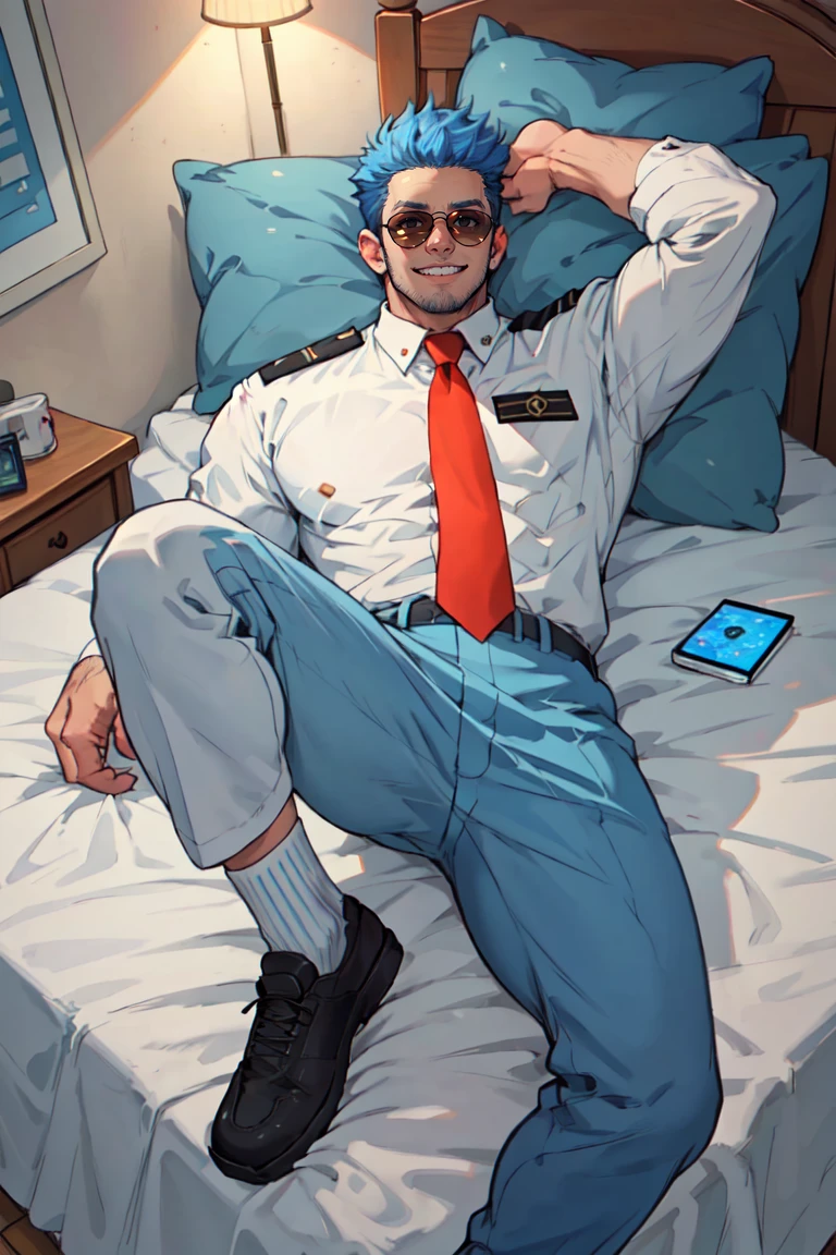 (1 image only),  solo male,  Wilbur,  Animal Crossing,  personification,  pure blue hair,  short hair,  black eyes,  blue facial hair,  jawline stubble,  aviation pilot uniform,  white collor shirt,  red necktie,  epaulette,  aviator sunglasses,  blue pants,  socks,  black footwear,  mature,  bara,  handsome,  charming,  alluring,  grin,  (complete laying on bed,  on back,  2 arm rised),  perfect anatomy,  perfect proportions,  (best quality,  masterpiece),  (perfect eyes,  perfect eye pupil),  perfect hands,  high_resolution,  indoor,  perfect light,<lora:EMS-297361-EMS:0.600000>