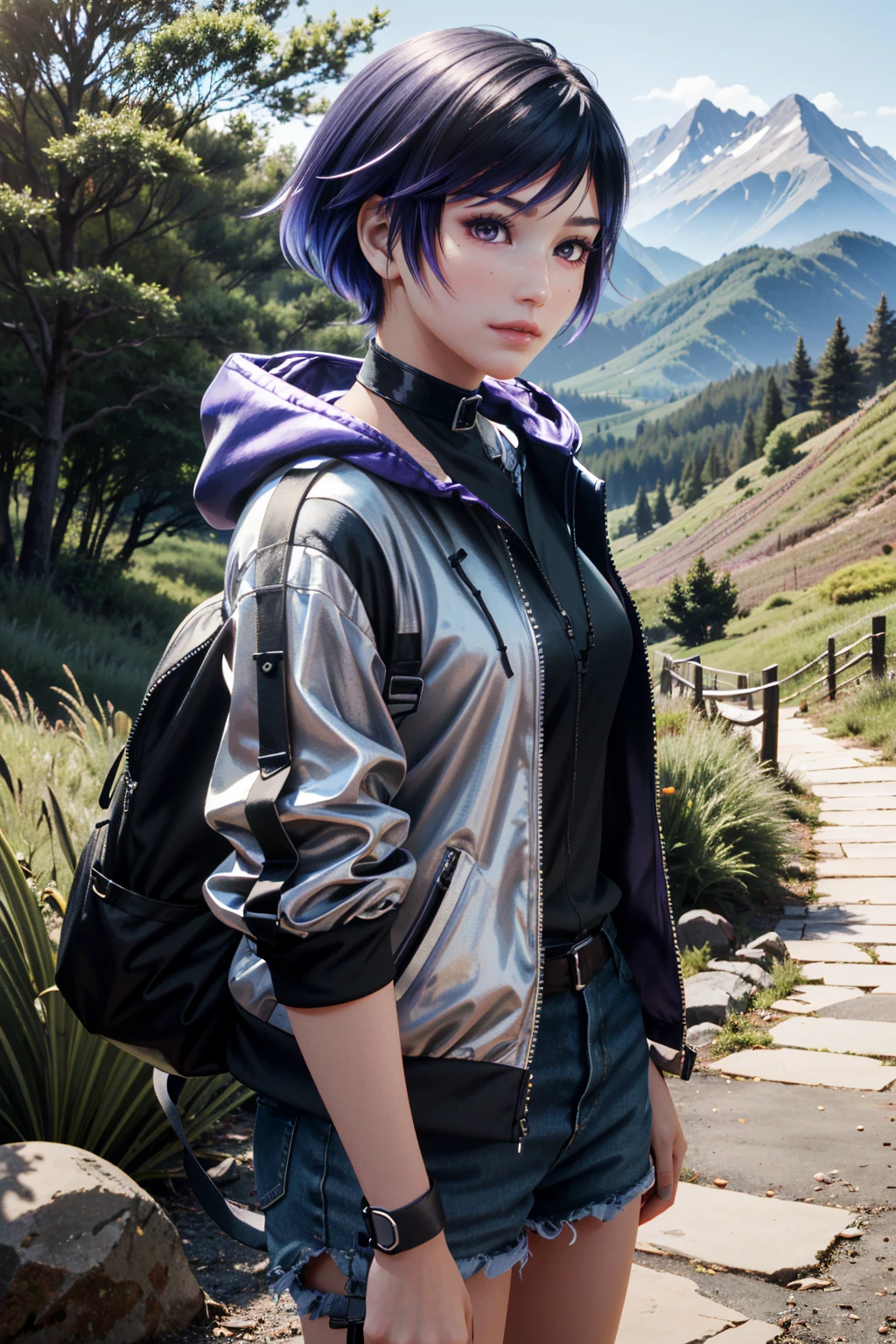 ((ultra detailed, masterpiece, absurdres))
<lora:T8Reina:0.9>
T8Reina, 1girl, short hair, purple hair, multicolored hair, mountain trail, midday, clear and crisp light illuminating the landscape