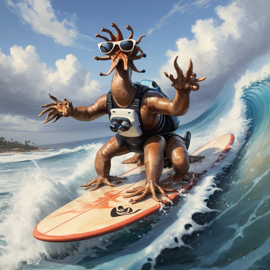 painting of a hiver surfing on a surfboard in the ocean, waves, clouds, cool sunglasses that don't fit on its face, splashing water, action shot <lora:Hiver_XL:1>