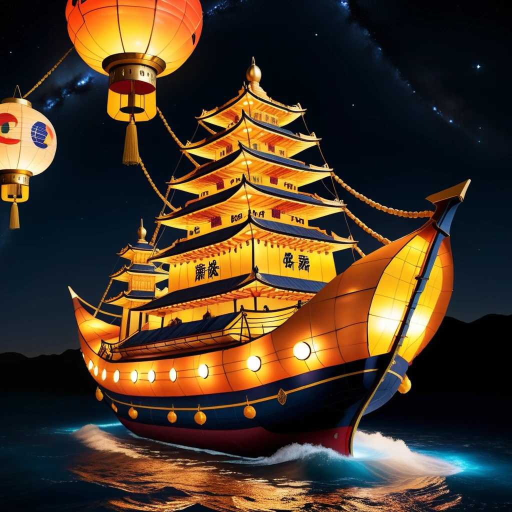 Generate an image in a photorealistic style of the 'Cosmic Battleship Daigawa,' majestically composed entirely of lanterns. This vessel floats in the vastness of space, its lanterns glowing with warm light, illuminating the darkness around it. Each lantern contributes to the intricate structure of the battleship, with varying sizes and colors that define its formidable silhouette against the cosmic backdrop. The ship's design intricately blends traditional elements with futuristic concepts, showcasing lanterns that form the hull, engines, and armaments, creating a harmonious and captivating scene in the starry void, <lora:lightflower3:0.8>