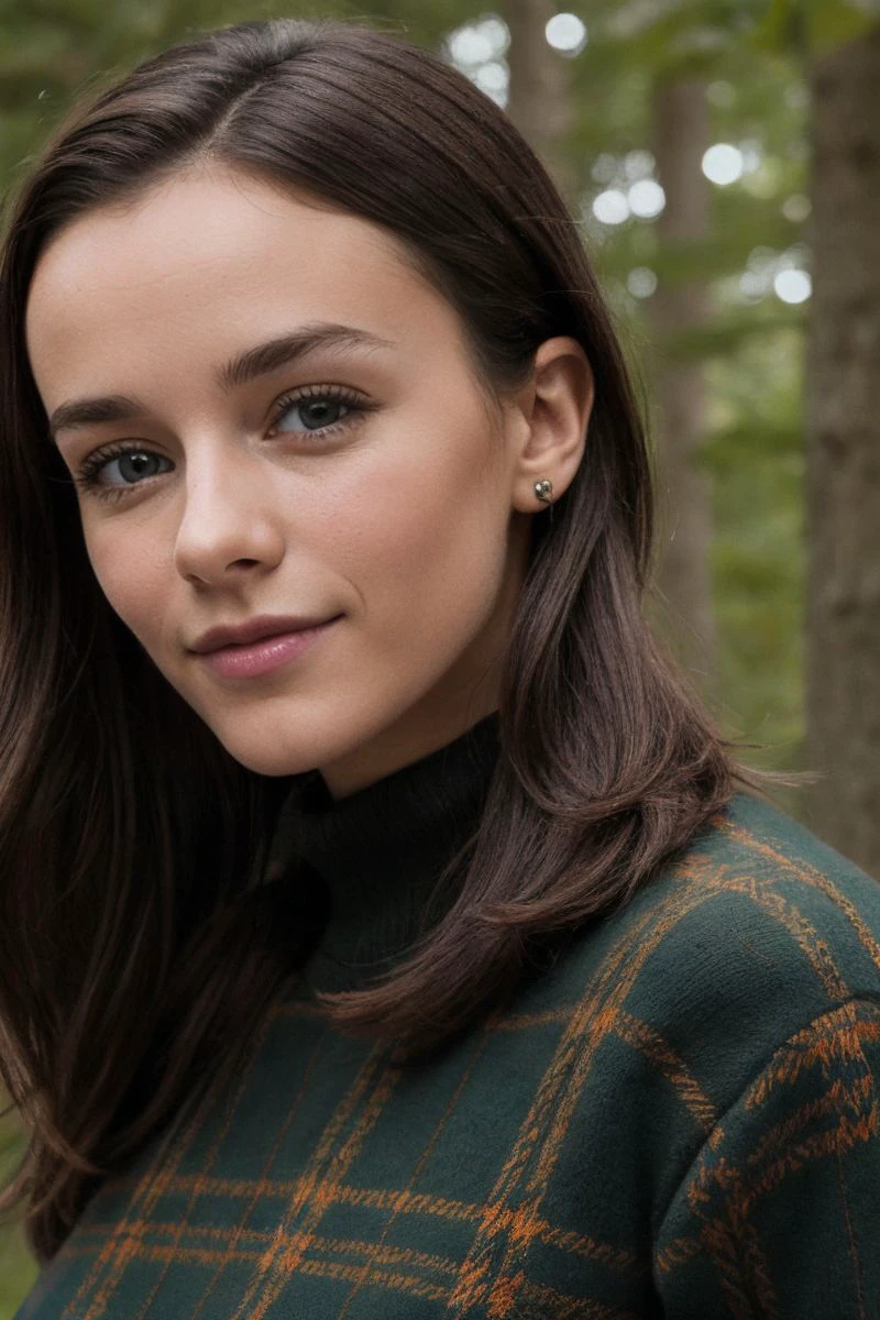 closeup headshot of S324_ArianaCortez,a beautiful woman,in a (forest:1.1),wearing a (tartan-sweater:1.1),(4k, RAW photo, best quality, depth of field, ultra high res:1.1),(absurdres, intricate, photorealistic, masterpiece, ultra-detailed:1.1),