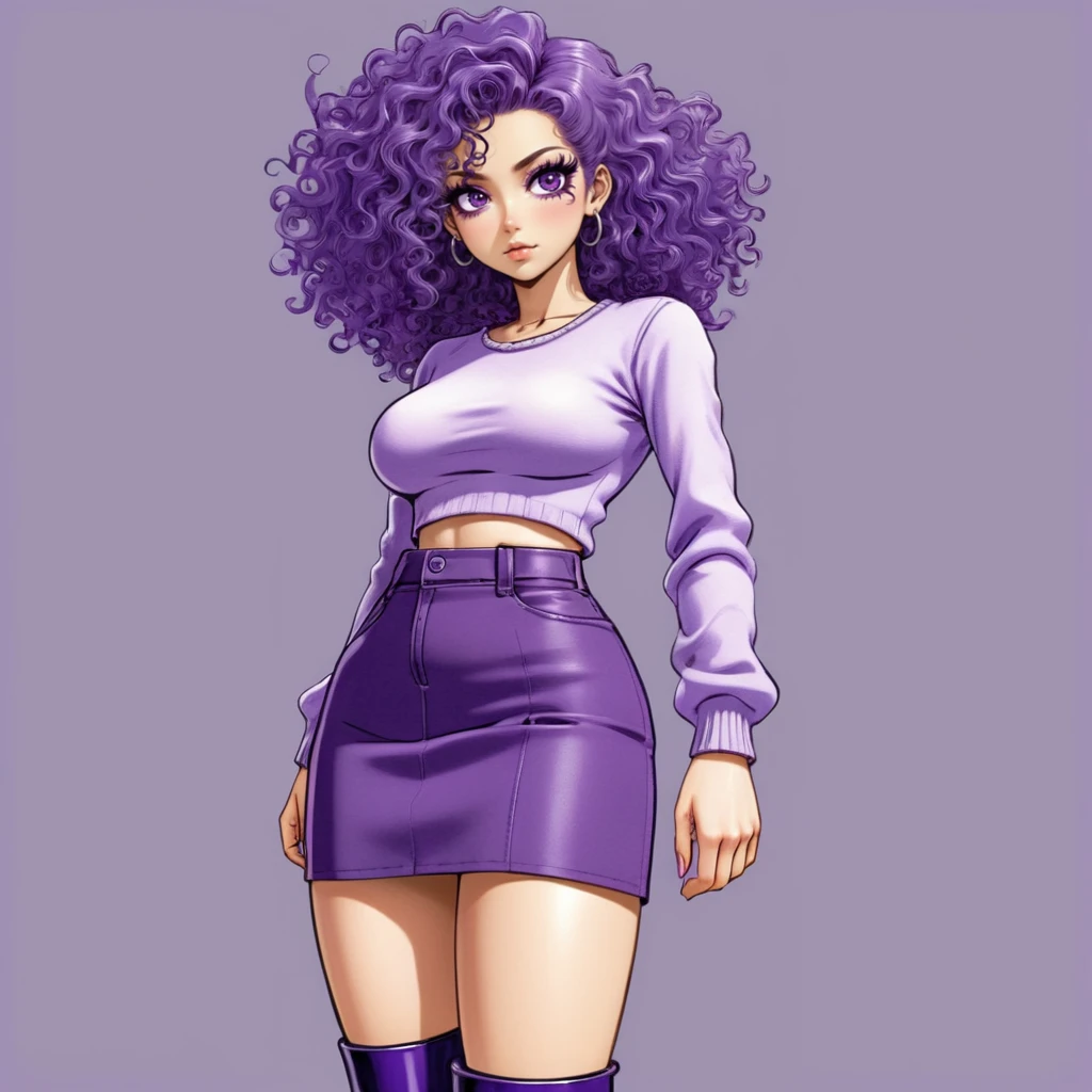 Woman wearing a purple skirt and top and chunky boots. Manga of a woman with very long curly eyelashes. Manga with bold smooth outlines and subtle shading with vivid colour. <lora:eyelashes:1>