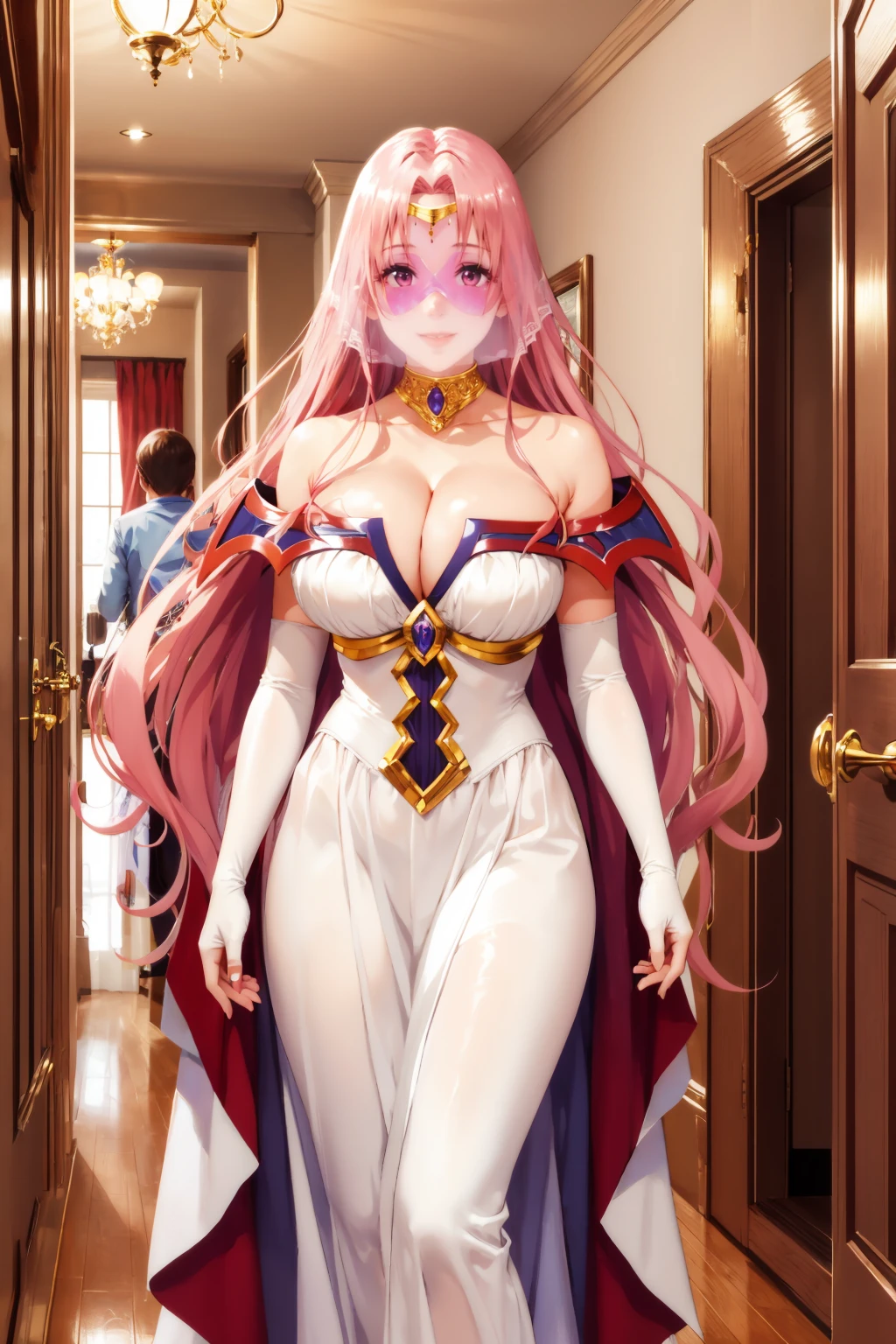 masterpiece, best quality, <lora:tlrsephie-nvwls-v1-000009:0.9> sephie michaela deviluke, circlet, choker, white cape, off-shoulder dress, white dress, cleavage, long dress, elbow gloves, huge breasts, smile, covered face, veil, looking at viewer, hallway, chandelier, mansion