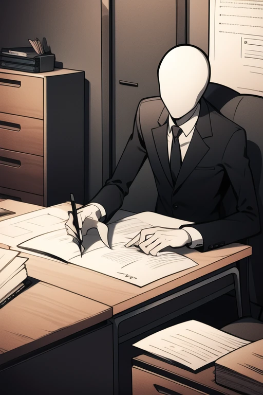 <lora:slenderman-07:1>, slenderman, day time, sitting on desk, doing paper work, masterpiece, best quality