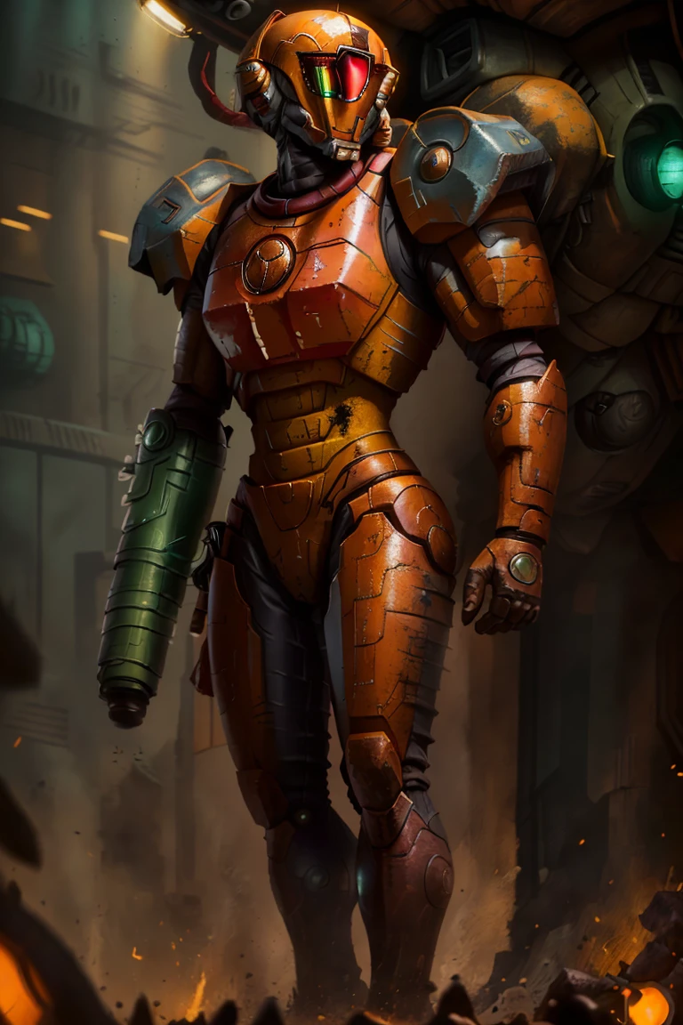 ((masterpiece,best quality)), <lora:Samus_Varia_Suit:0.8>, samus aran,helmet, <lora:Tau_World:0.8>, Tau_World, (orange armor:1.2), science fiction, varia suit, arm cannon, aura, glowing, neon trim, solo, cowboy shot,