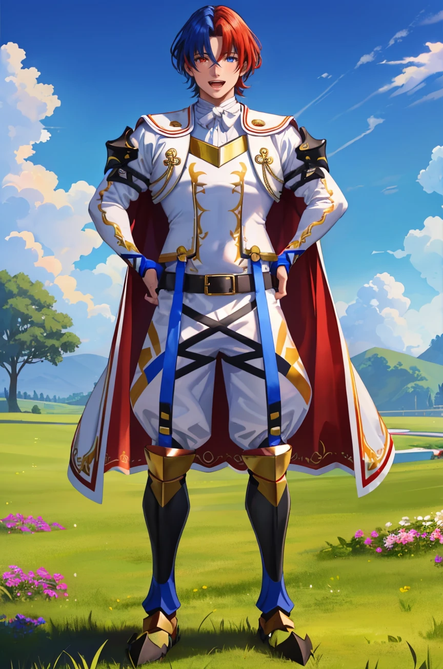 masterpiece, 1boy, solo, standing, full body, looking at viewer, open mouth, smile, hand on hip, wave, <lora:AlearMFE-bsinky-v1:0.75> defAlearM, heterochromia, gloves, split-color hair, cape, armor, white pants, belt, boots, grass, flowers