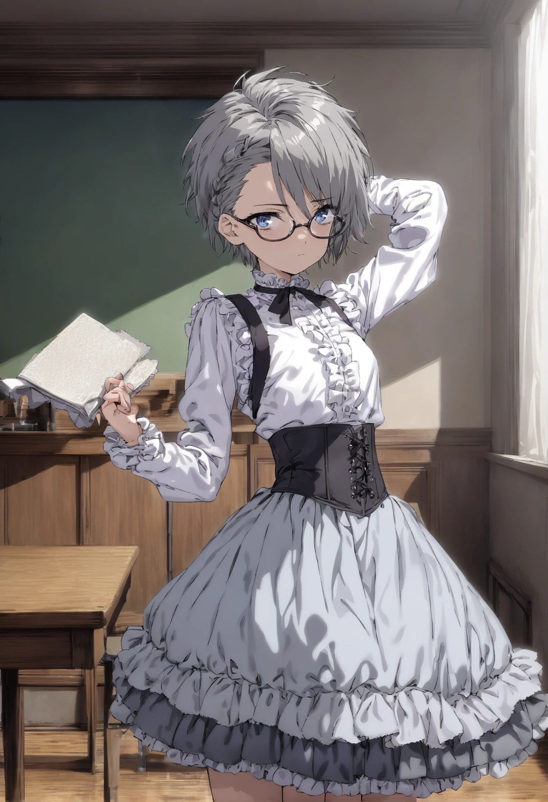 (masterpiece, best quality:1.2), 1girl, solo, very short hair, spiked hair, gray hair, braid, swept bangs, blue eyes, blue eyes, emotionless, emotionless, glasses, white shirt, long sleeves. frills, black skirt, white petticoat. black corset, arm extended, holding book, cowboy shot, indoors, full body, victorian, classroom <lora:Ange sdxl_lora:0.8><lora:MeMaXL_V2:0.9>