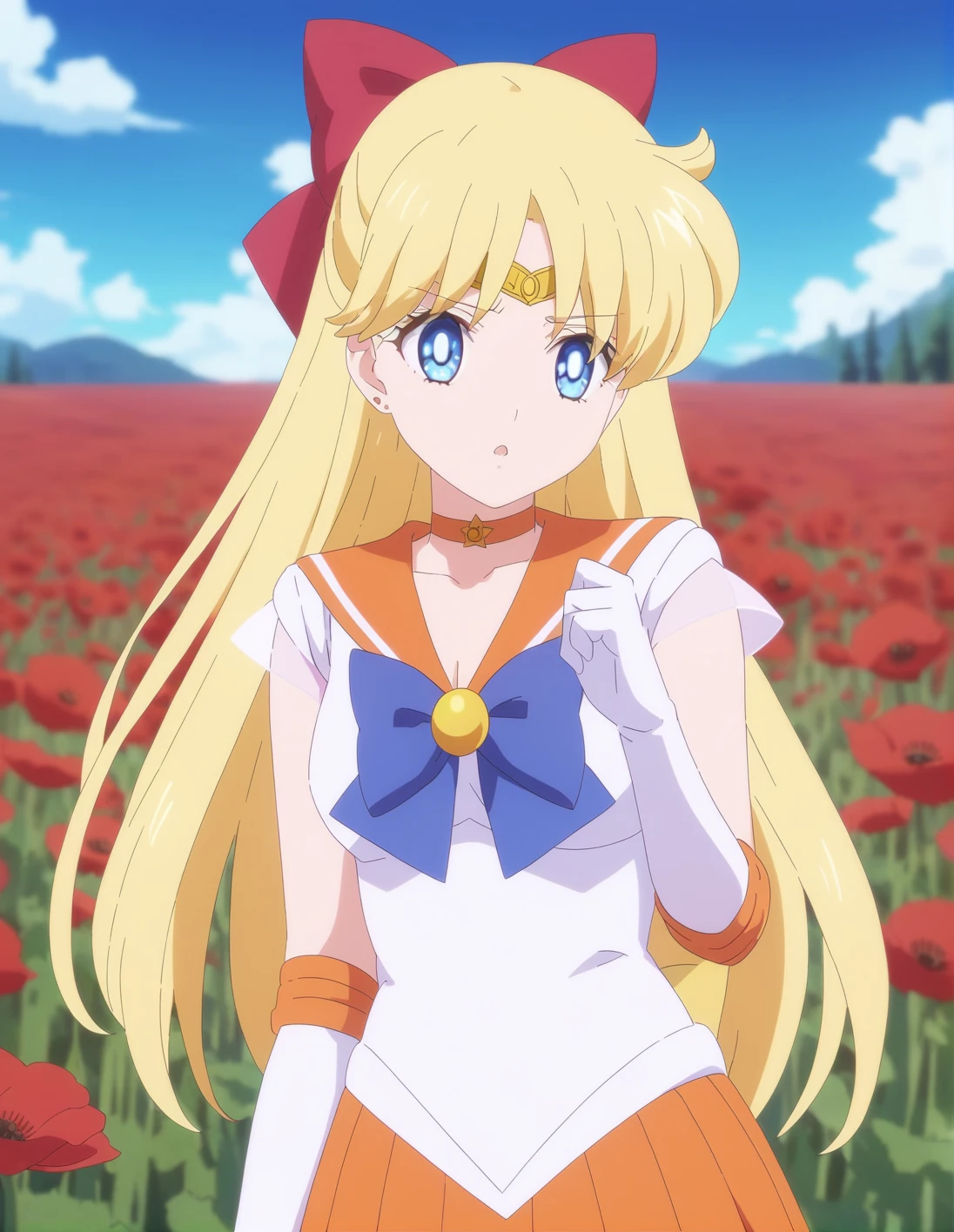 best quality, ultra-detailed, ,1girl, solo,<lora:sdxl-sailor-venus-v3:1>, sailorvenus, xsuperuniformx, (heartbrooch:0.3), choker,blonde hair, hair bow , gloves, pleated orange skirt, standing ,,,, <lora:ALTXL_001_4:2>, :p, BREAK in a poppy meadow ,anime_coloring, anime screencap