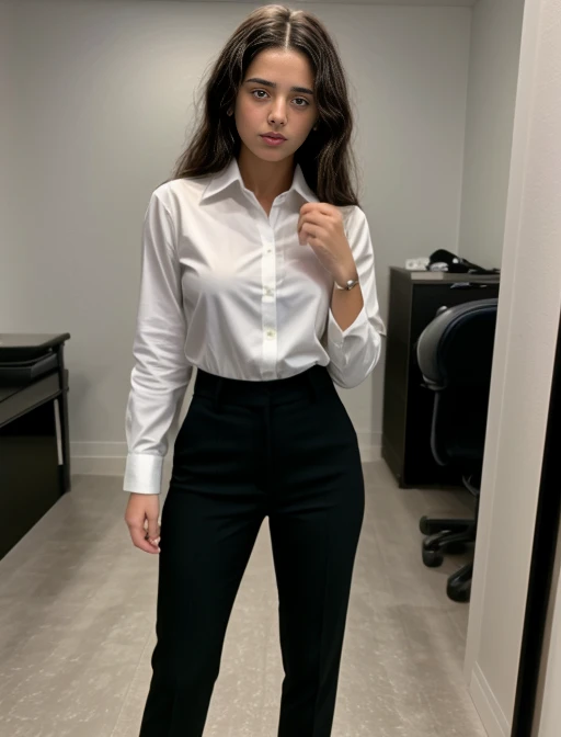 full body shot of business photo of mati_maroni, pants, black attire, huge breats, collared shirt, tucked shirt, <lora:mati_maroni:1>. Professional attire, workplace setting, confident. Whole outfit, clear, sharp, balanced<lora:lcm-lora-sd15:1.0>
