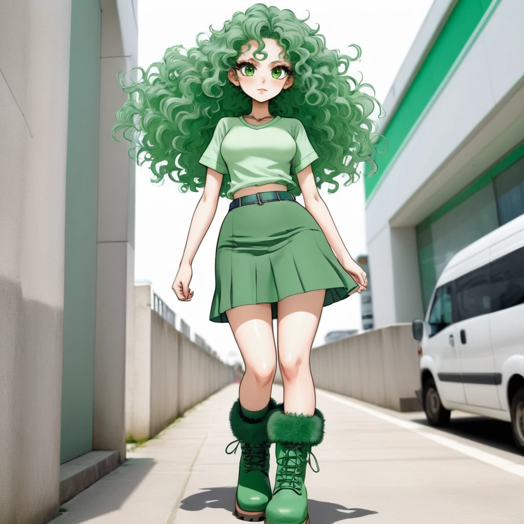 Manga. Woman wearing a green skirt and top and chunky boots with very long curly eyelashes. Manga with bold smooth outlines and subtle shading with vivid colour. <lora:eyelashes:1>