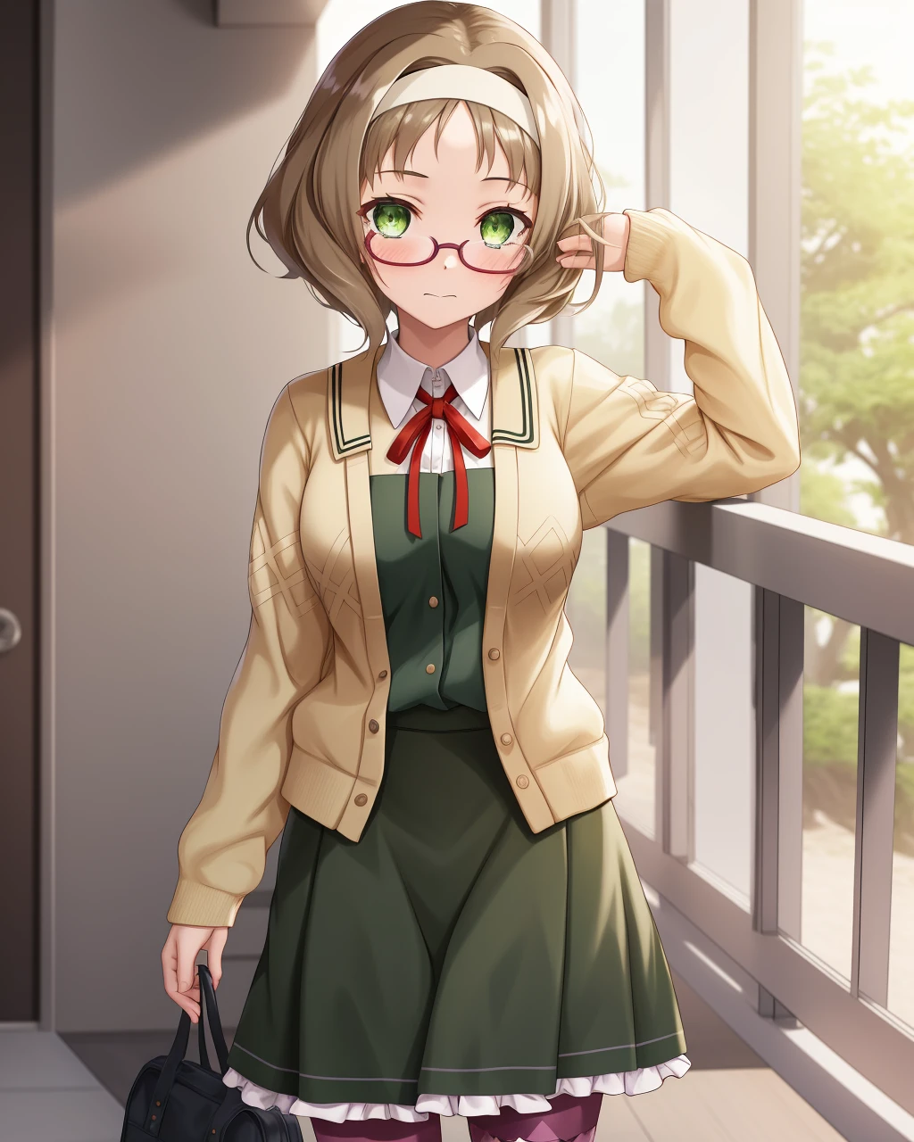 <lora:Akihara_Sekka-10:0.8>,1girl, solo, pantyhose, glasses, purple pantyhose, green eyes, brown hair, hairband, skirt, school uniform, short hair, cardigan,