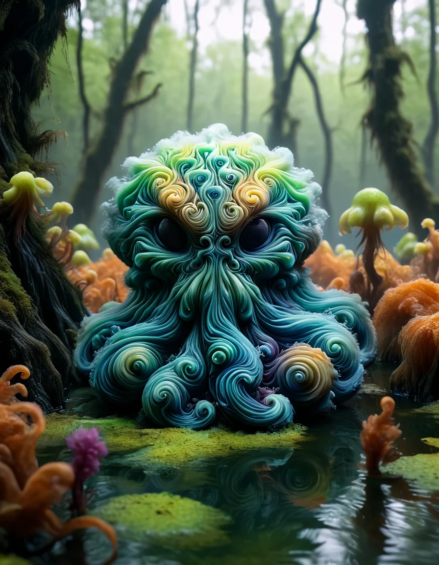 A cute colorful fluffy cthulhu, wildlife photography, in a ral-bnz swamp, 4K UHD, 8K UHD, High-definition, capturing <lora:ral-cnvctncrnts:1> ral-cnvctncrnts