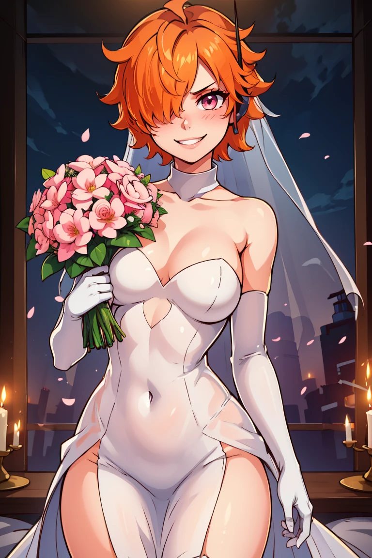 ((masterpiece,best quality)), absurdres, <lora:Vegapunk_Lilith:0.8>, vegapunk lilith, orange hair, pink eyes, hair over one eye, smile, smug, looking at viewer, cowboy shot bride, wedding dress, bridal veil, strapless dress, elbow gloves, holding bouquet,