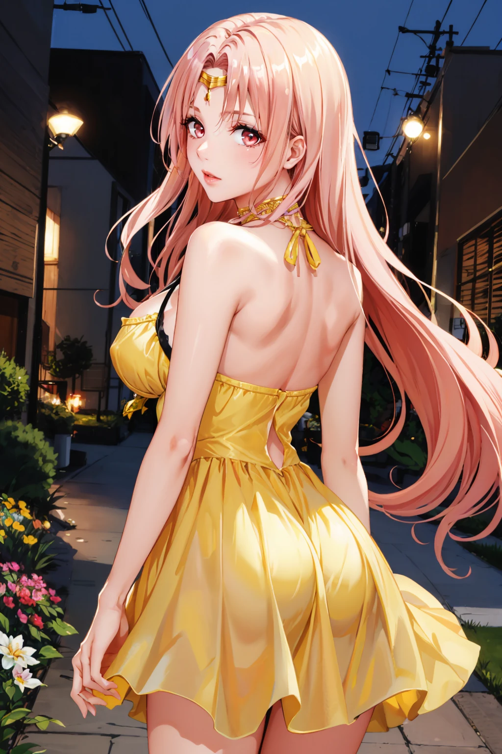 masterpiece, best quality, <lora:tlrsephie-nvwls-v1-000009:0.9> sephie michaela deviluke, pink hair, circlet, choker,  <lora:edgChamYellowSundress:1> edgYSD,woman wearing a yellow sundress, yellow sundress, from behind, night sky, garden, huge breasts