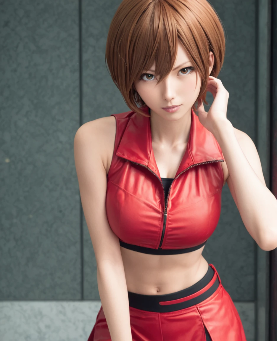 meiko, 1girl, brown hair, midriff, crop top, red shirt, red skirt, large breasts, <lora:Meiko-lora-xl:0.5>