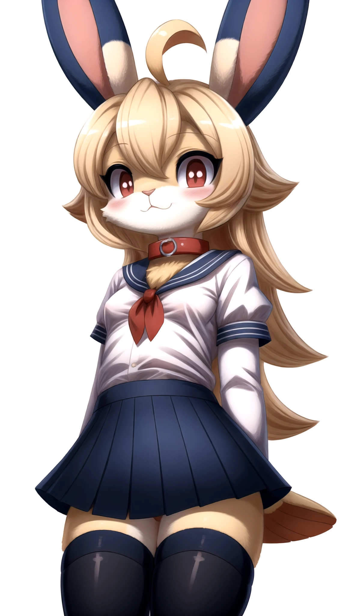 Pokémon style Tall rabbit girl pouting, looks down at viewer, stockings, closeup, skirt, crossed armes . Vibrant, cute, anime, fantasy, reminiscent of Pokémon series