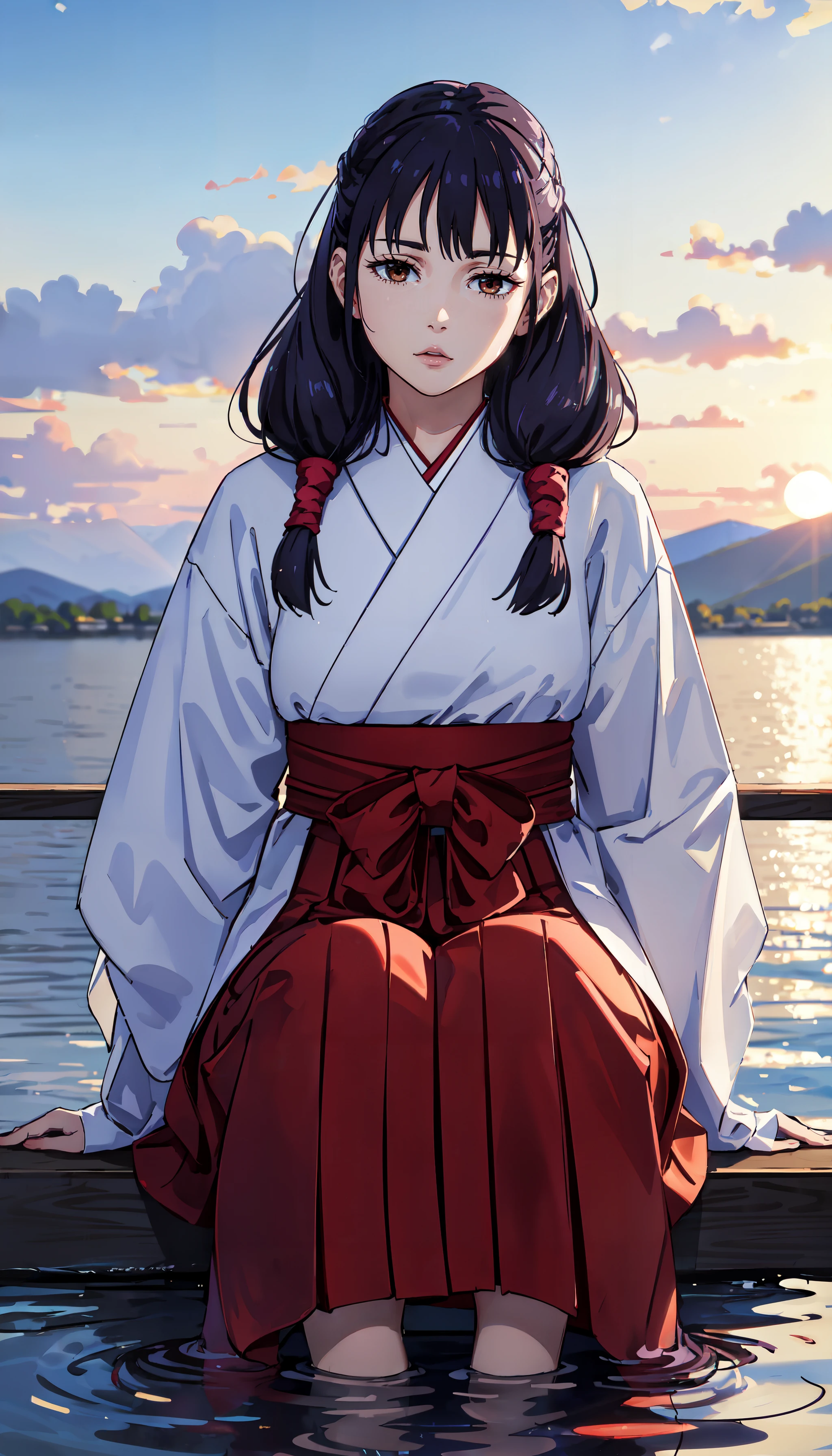 photorealistic, (4k), depth of field, (Masterpiece), (realistic skin texture), extremely detailed, intricate, hyper detailed, professional photography, bokeh, high resolution, sharp detail, best quality, girl, purple hair, twintails, bangs, brown eyes, red hakama, bUtahime, <lora:GoodHands-vanilla:0.4>, <lora:detail_slider_v4:0.8> ,  <lora:Utahime Iori-000004:0.7> , sunset, lake, sitting on a dock, feet in water, barefoot,