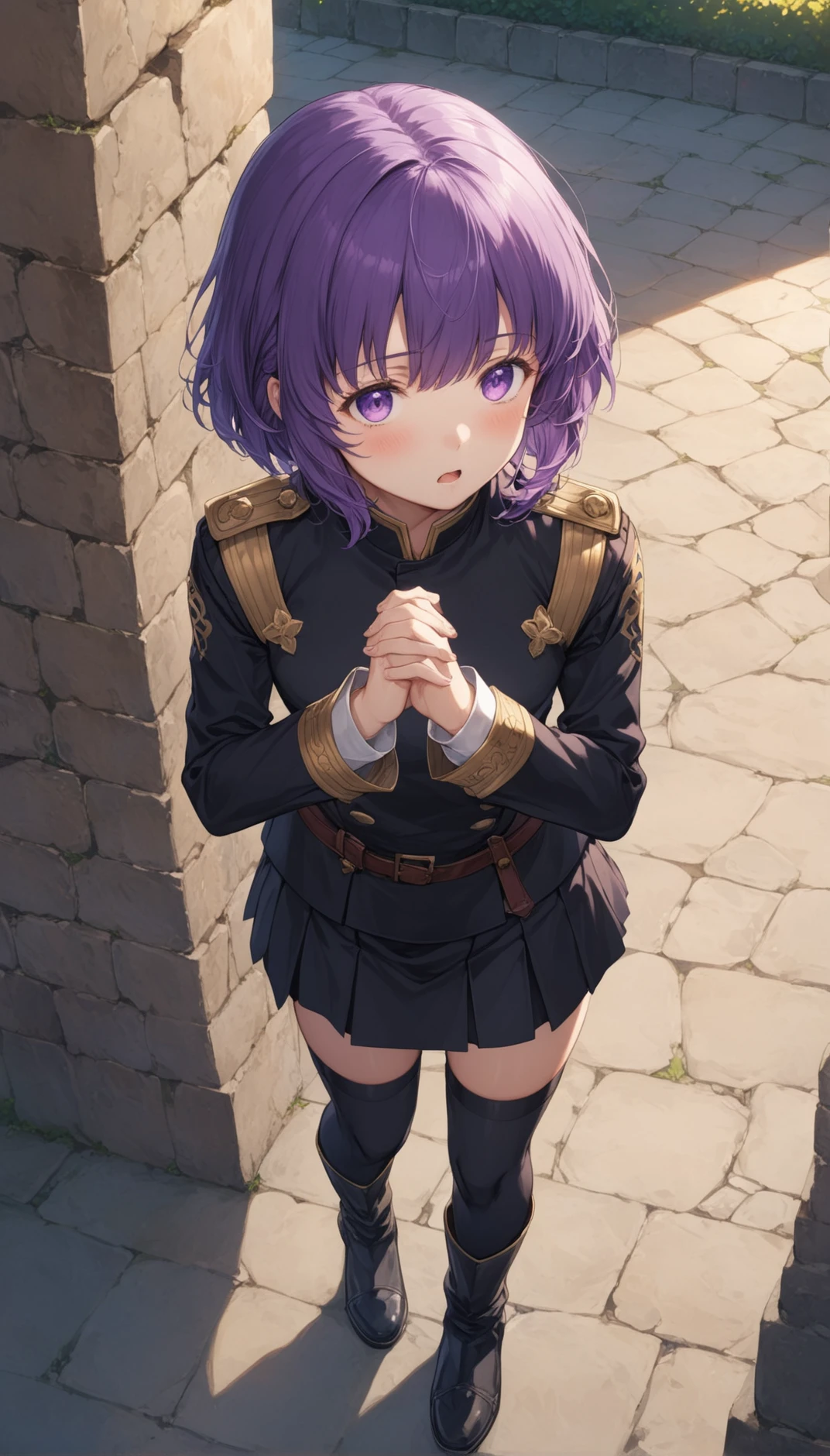 fire_emblem_heroes_xl, bernadetta, 1girl, (shy:1.4), blush, bernadetta von varley, solo, garreg mach monastery uniform, purple hair, bike shorts, boots, full body, short hair, open mouth, purple eyes, uniform, long sleeves, knee boots, black footwear, black pleated skirt, thighhighs, looking away, own hands clasped,
in a castle training square, 8K, soft focus, (depth of field, bokeh:1.3),
very aesthetic, highres, intricate detail, cinematic lighting, amazing quality, amazing shading, detailed Illustration, official artwork, wallpaper,
extremely detailed eyes and face, beautiful detailed eyes,
from above,
<lora:aesthetic_anime_v1s:1>
<lora:Fire_Emblem_Style:1>