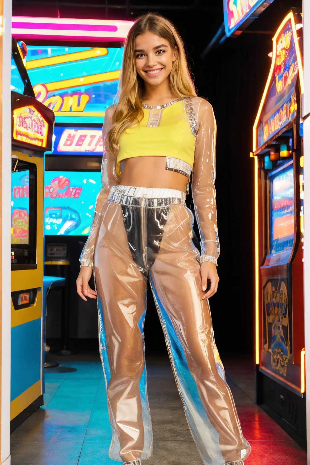 cute young woman standing in retro arcade, wearing crop top, btclepla, transparent plastic pants, detailed face, cute smile,Medium Blonde a-line cut, ultra realistic, extremely detailed, 4k, hdr,
<lora:btclepla:0.8>, <lora:skin_slider_v2_1_FACE:0.5>