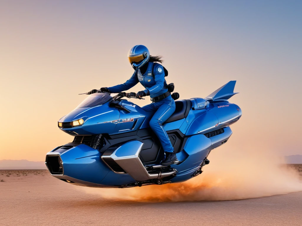 <lora:Hover_Bike:1> hover_bike, blue vehicle, motorcycle wihtout wheels, (pilot:1.4), desert, sunset