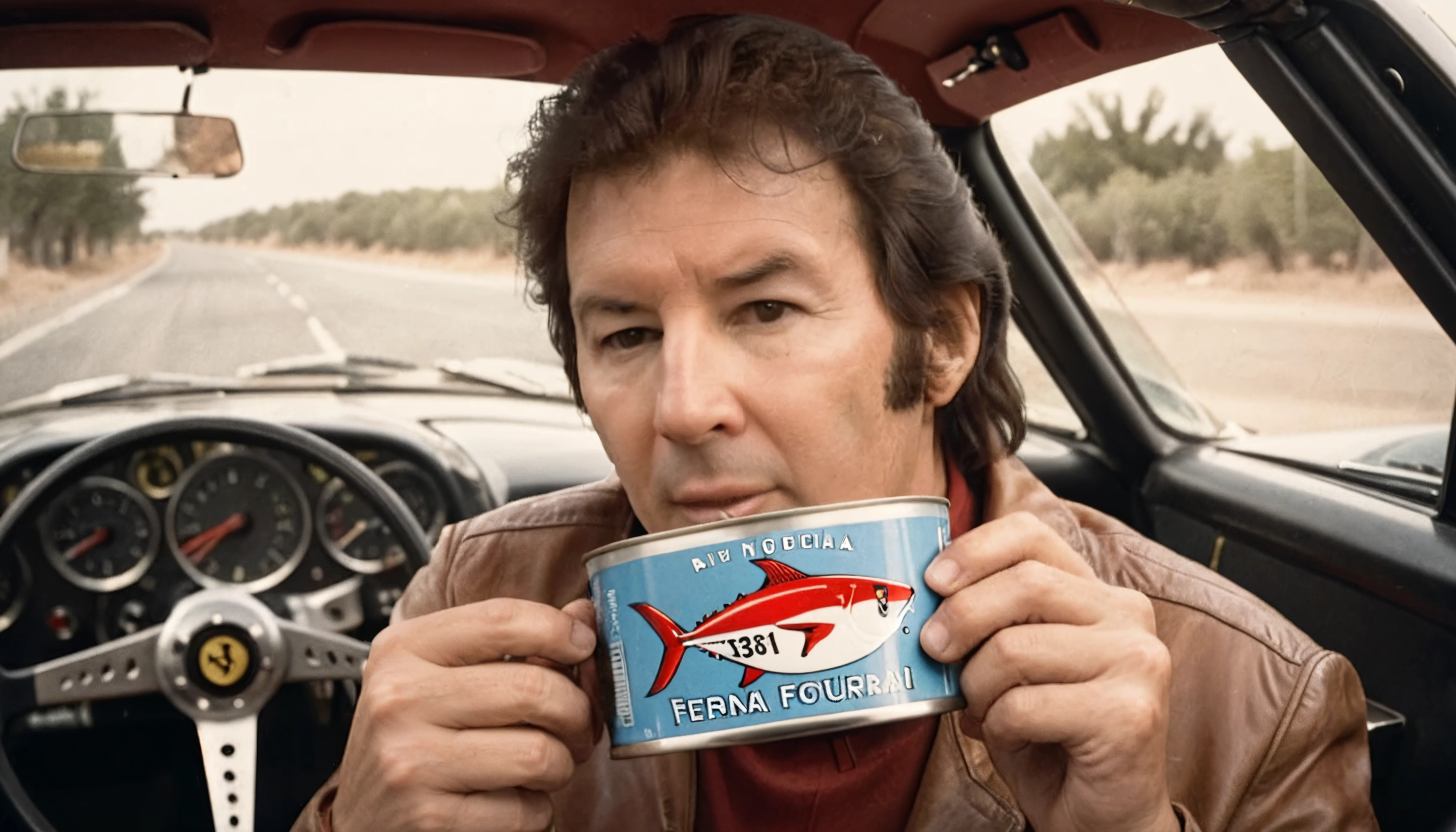 analog film photo <lora:NBreeniusX:0.8> a man holding up a tin of tuna, in the driver's seat of a Ferrari, faded film, desaturated, 35mm photo, grainy, vignette, vintage, Kodachrome, Lomography, stained, highly detailed, found footage