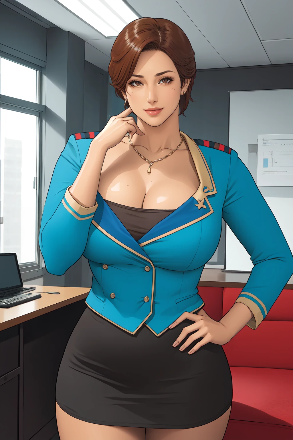 (high quality:1.1), intricate details, cinematic lighting,
MinamiMitsuko, 1girl, mature female, solo, (hand on own face:1.2), hand on hip, cowboy shot,
(looking at viewer:1.1), seductive smile,
brown hair, short hair, brown eyes, jewelry, earrings,
blue uniform, black miniskirt, bandeau, collarbone,
curvy, large breasts,
indoors, office, window, day,
<lora:MinamiMitsuko:1>