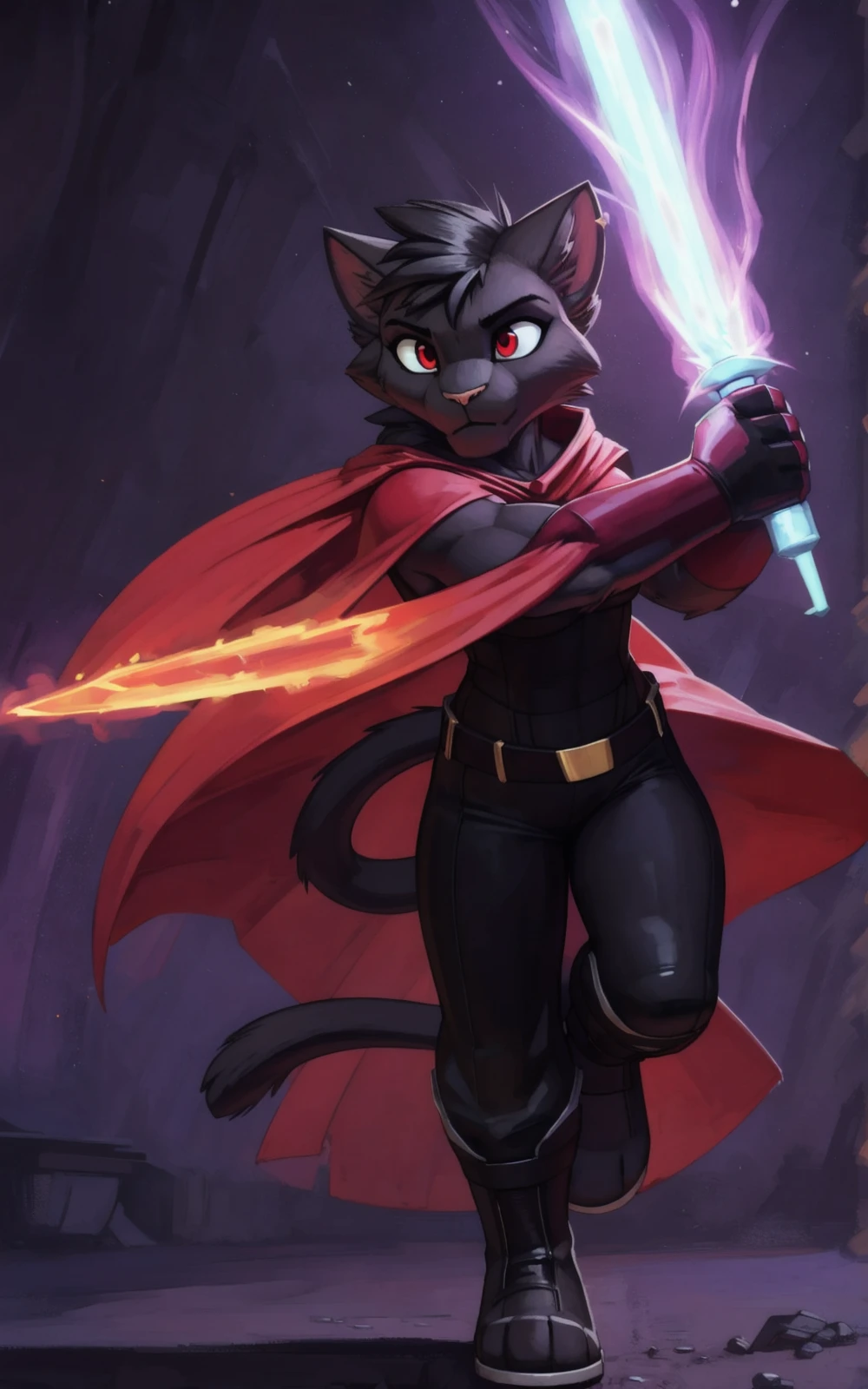 8k,4k,((Best quality, masterpiece, ultra high resolution)),((full body, by pixelsketcher)), <lora:Clairen:0.8>,Clairen,furry, tail, red cape, animal ears, cat ears, cape, cat tail,energy sword, furry,black fur,black hair, bodysuit,black bodysuit, golden belt, furry female, lion,sleeveless,boots,toeless boots,gloves, fingerless gloves,action pose,(mane),red eyes