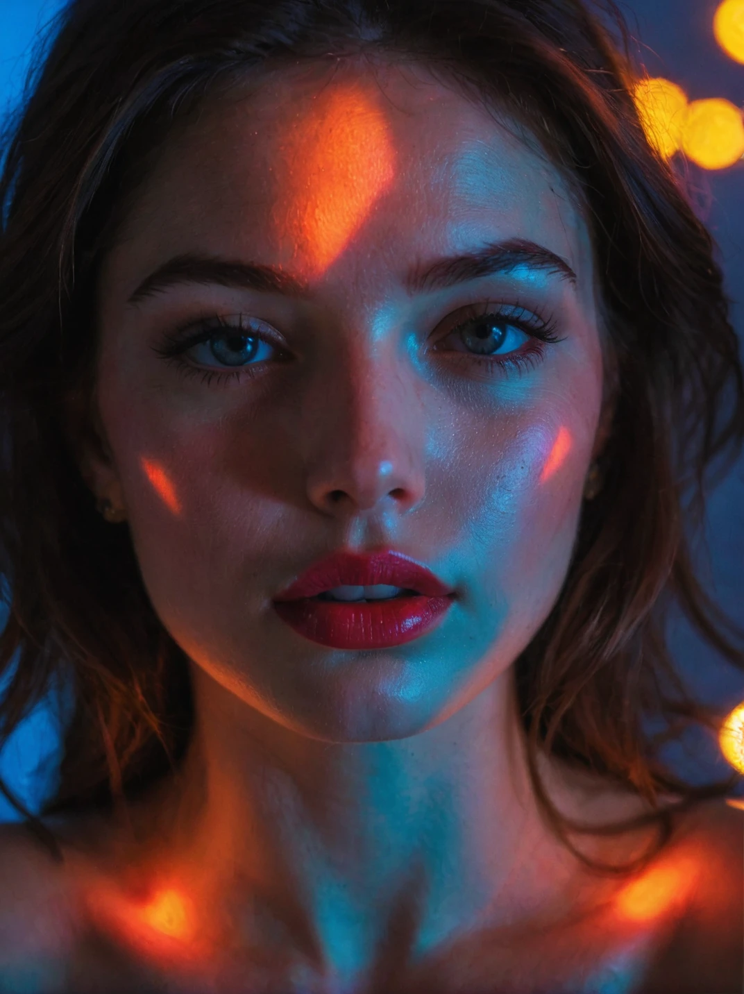 close up detail photo of a woman, hot lips, looking at viewer, colored lights projected on her face, shadows cast on her face <lora:amazing_portraits_xl_v1b:1>