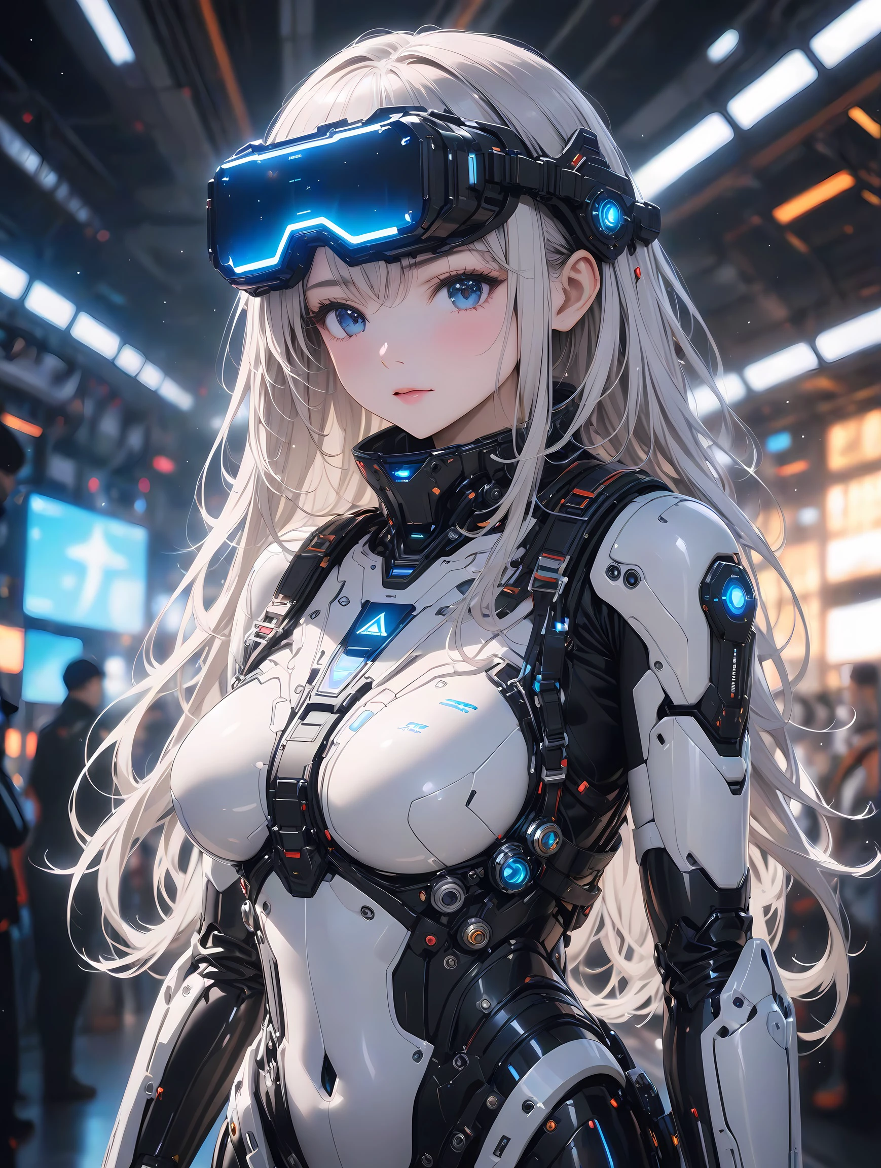 (masterpiece:1.2), (best quality:1.2), newest, intricate details, ai-generated, perfect anatomy, dark theme, depth of field, bokeh, volumetric light, futuristic goggles, head mounted display,
1 soldier women, white long hair, futuristic space ship as background, wearing futuristic exoskeleton, futuristic instrumentation, embossing decoration on body, deep black trim on exoskeleton,focus on upper body