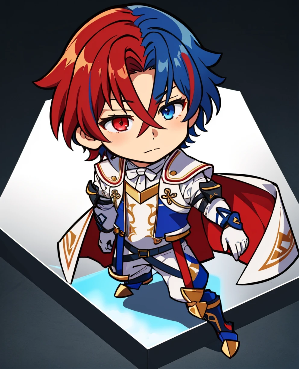 best quality, 1boy, from above, slight smile, <lora:AlearMFE-bsinky-v1:0.8> defAlearM, heterochromia, split-color hair, red hair, blue hair, armor, cape, gloves, white pants, boots, <lora:DarkCabalChibiStyle:1> chibi, white background, simple background