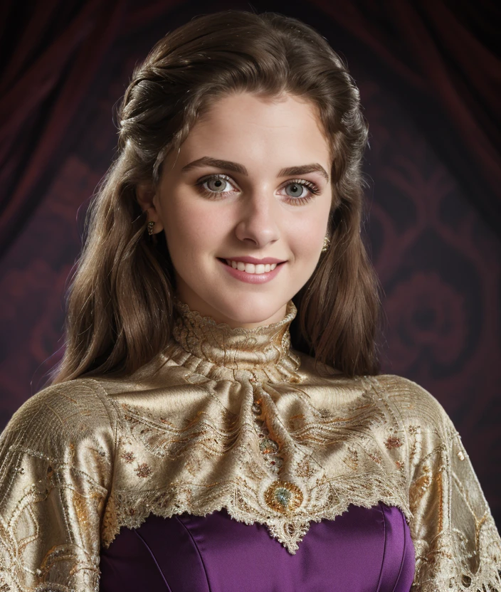 r0x1 , Ultra-HD-details, close portrait photo, ((Salon of the 800, gold, background)), detailed eyes, Spectacular light, 8k, soft lighting, high quality, smile, 1800s dress, lace and lace, Turtleneck, Shirt, purple cloak