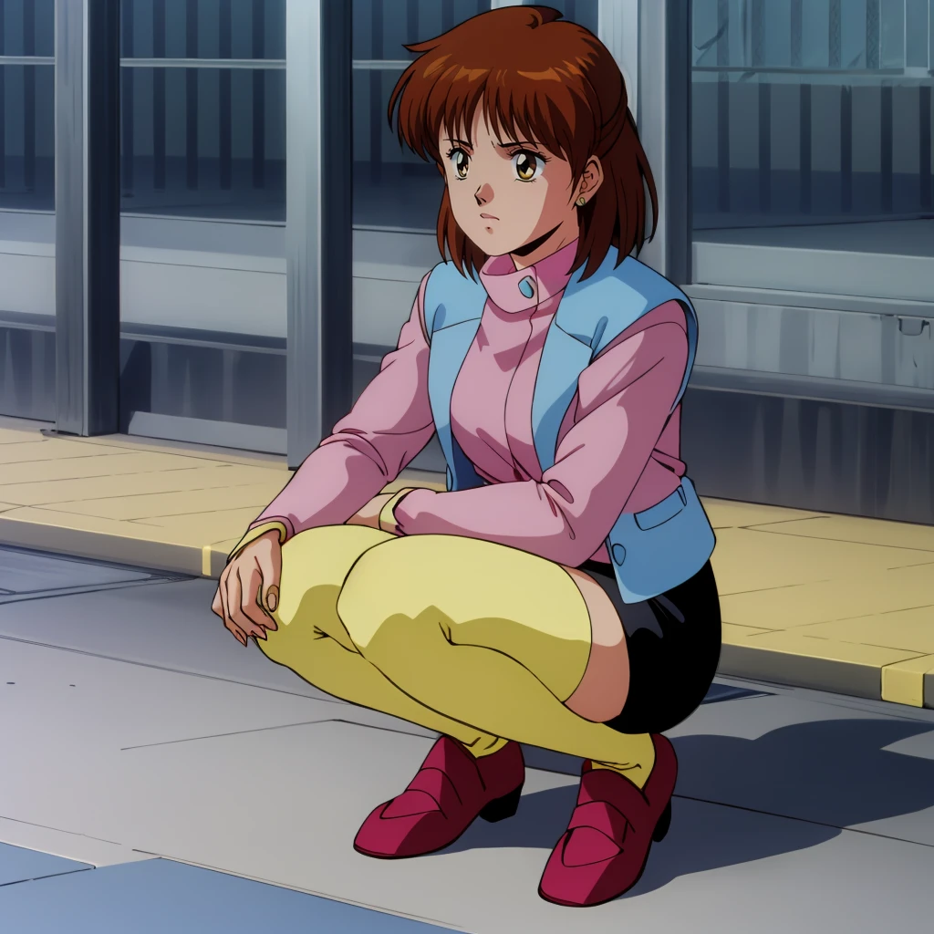 <lora:AniceFarm003:0.7>,
Anice,1girl,brown hair,medium hair,
blue jacket,short_sleeves,yellow long sleeves,pink shirt,
black skirt,
yellow thighhighs,
full body,squatting,