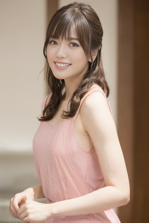1girl, (pink camisole:1.6),(RAW photo, best quality:1.4), (realistic, photo-realistic:1.4), masterpiece, an extremely delicate and beautiful, extremely detailed, 2k wallpaper, Amazing, finely detail, extremely detailed CG unity 8k wallpaper, ultra-detailed, highres, soft light, beautiful detailed girl, extremely detailed eyes and face, beautiful detailed nose, beautiful detailed eyes,cinematic lighting,(blurry,bokeh backgound:1.6),(city view:1.6),perfect anatomy,(slender body:1.0),(close up face,focus face:1.4),(smile,Friendly, warm:2.0),(looking at viewer:1.8),(young japanese idol:1.8),(wavy long brown hair:1.8), (brown eyes:1.8),(standing:1.6), <lora:kakumaai_lora-15:0.8>
