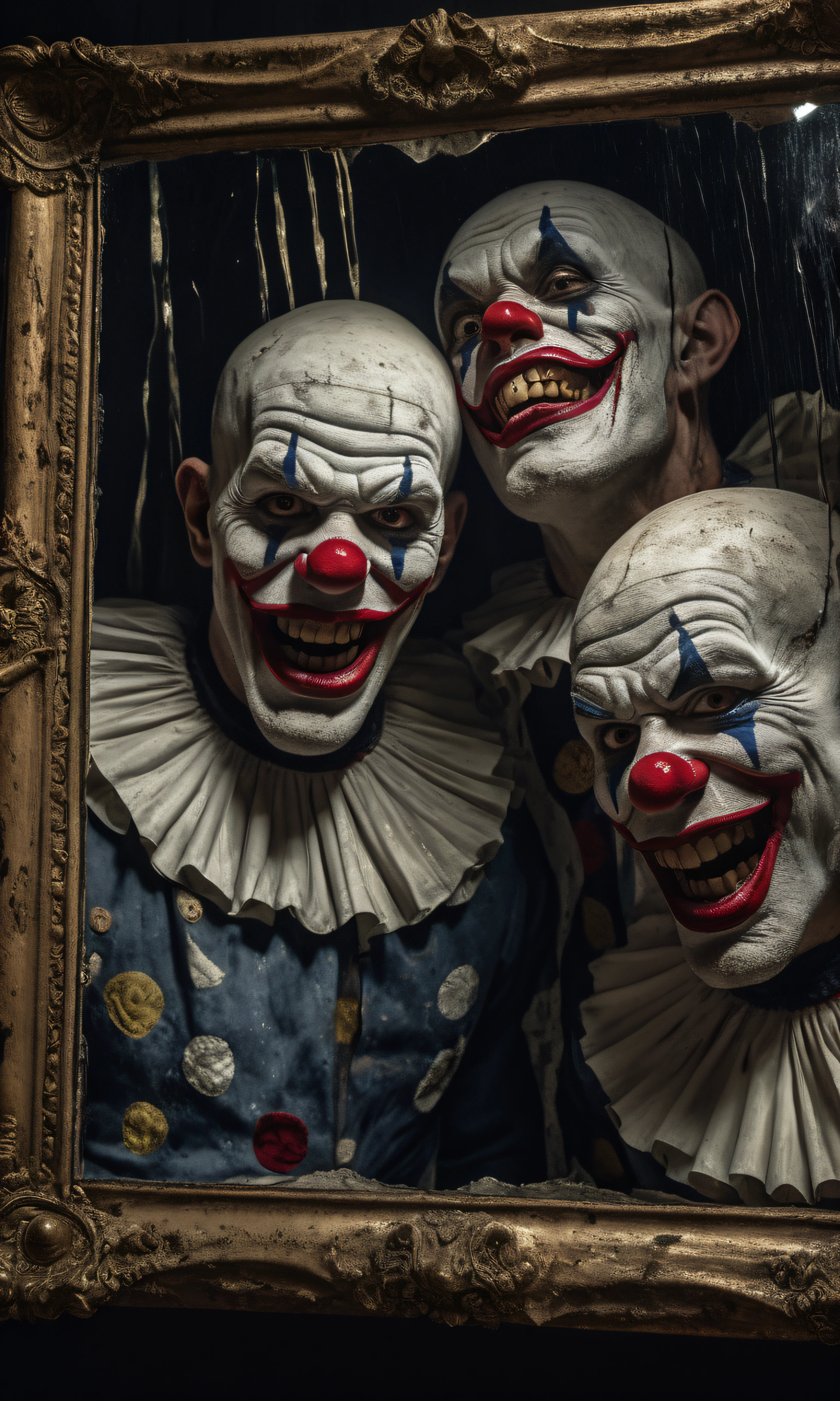 Three realistic, menacing killer clowns, each with distinct and lifelike features, are pointing diagonally to the right at a 60-degree angle upwards. The first clown has a white, smooth mask with glowing yellow, pupil-less eyes, and a stitched red mouth. He is dressed in a black and red clown suit with geometric gray symbols and a tall top hat. His bald head is covered in intricate black tattoos. The second clown has a green, skeletal face with an unnaturally wide mouth full of jagged, realistic teeth painted into a twisted smile. He wears a tattered, dirty tuxedo with short sleeves, revealing scarred, realistic human arms. His long, greasy black hair falls messily over his shoulders. The third clown has a sad, white-painted face with exaggeratedly large blue-lined eyes and an unnaturally long, thin nose. He is dressed in a bright yellow jumpsuit with blue fringes and large red pom-poms on the shoulders. His white, wavy hair is tied into two messy buns. All three clowns are highly realistic, with human-like textures and details, showing lifelike expressions as they point upwards, ensuring no resemblance to 'It' clowns."
This prompt emphasizes realistic human features and textures while retaining the unique characteristics of each clown, pointing at the specified angle