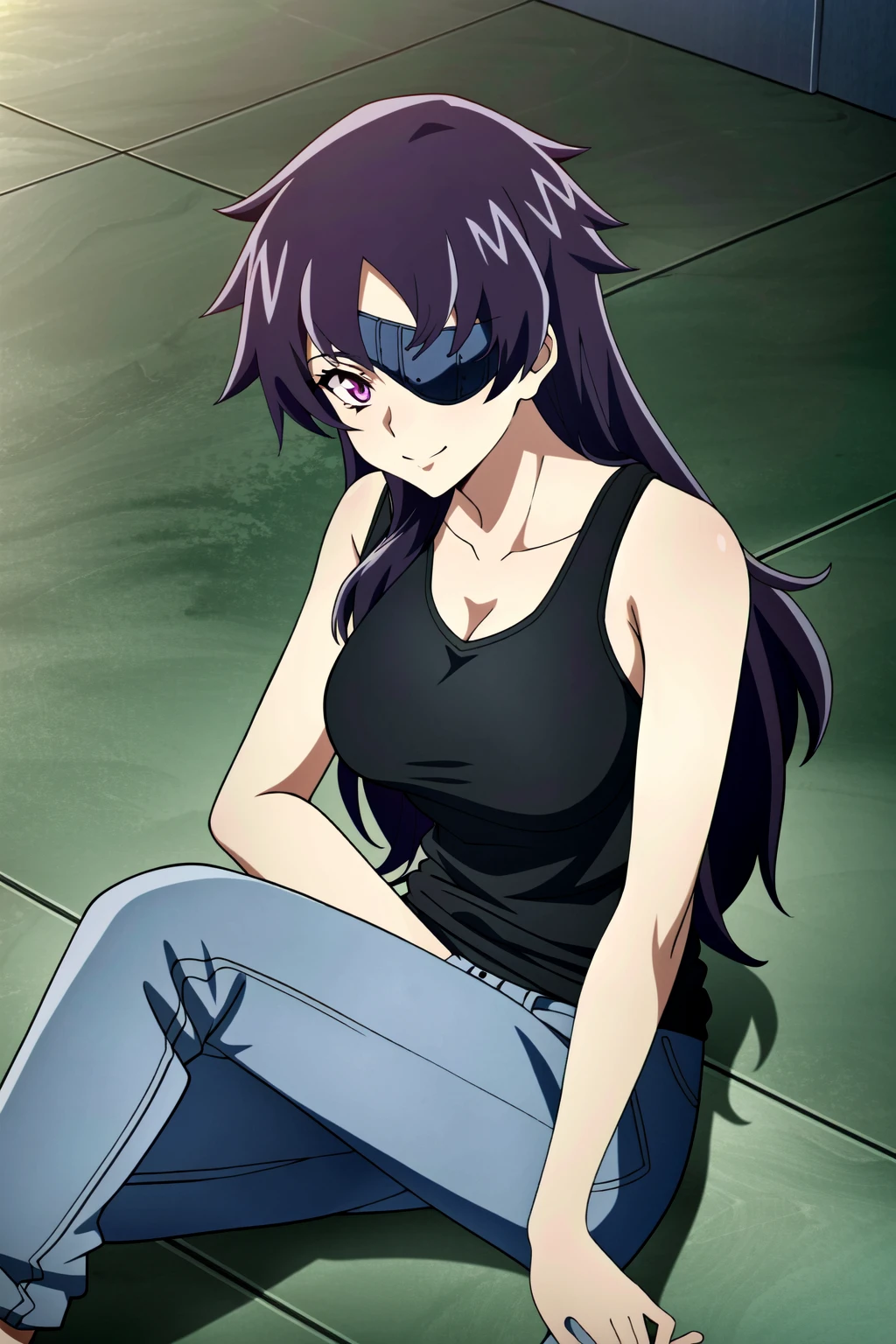 (extremely detailed CG unity 4k wallpaper),(masterpiece),(best quality),(ultra-detailed),(best illustration),(best shadow),(absurdres),(detailed background) <lora:OGT_Uryuu_Minene-v1:1> Uryuu Minene, 1girl, solo, eyepatch, long hair, purple eyes, tank top, purple hair, sitting, pants, medium breasts, breasts, light smile