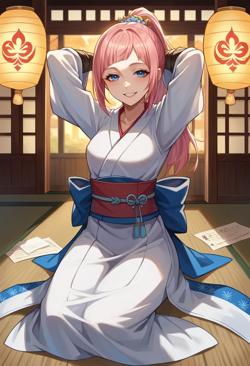 score_9, score_8_up, score_7_up, source_anime BREAK 1girl, solo, <lora:felicia-fe-richy-v1_xl:0.9> feliciadef, pink hair, ponytail, blue eyes, kimono, arms behind head, sitting, seiza, dojo, medieval, fantasy, dark, darkness, paper lantern, smile, naughty face
