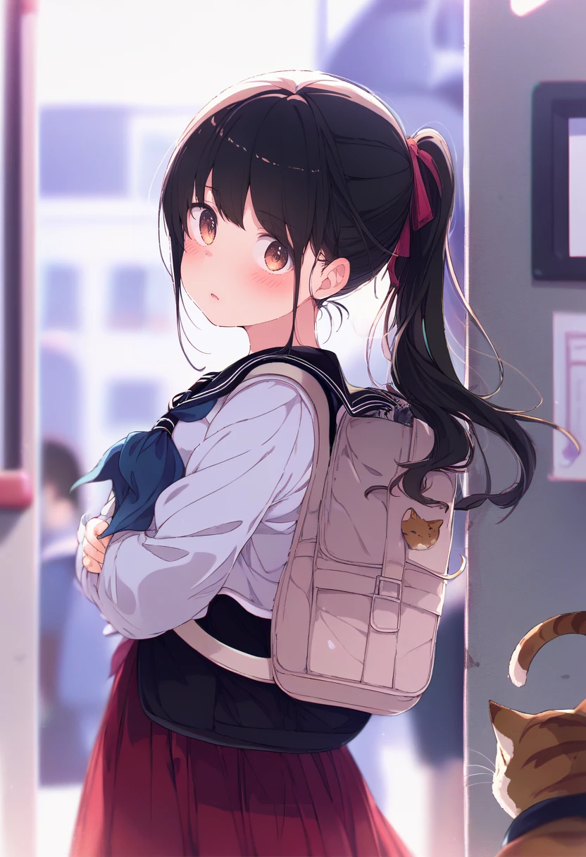 score_9, score_8_up, score_7_up, score_6_up, score_5_up, score_4_up, masterpiece, best quality, <lora:DPOXL:1> <lora:ogipoteXL_AP_V1:1>black hair, long hair, bag, skirt, looking at viewer, blush, school uniform, red skirt, ponytail, 1girl, cat, brown eyes, bangs, pleated skirt, long sleeves, parted lips, serafuku, backpack, solo focus, ribbon, solo, sailor collar, neckerchief