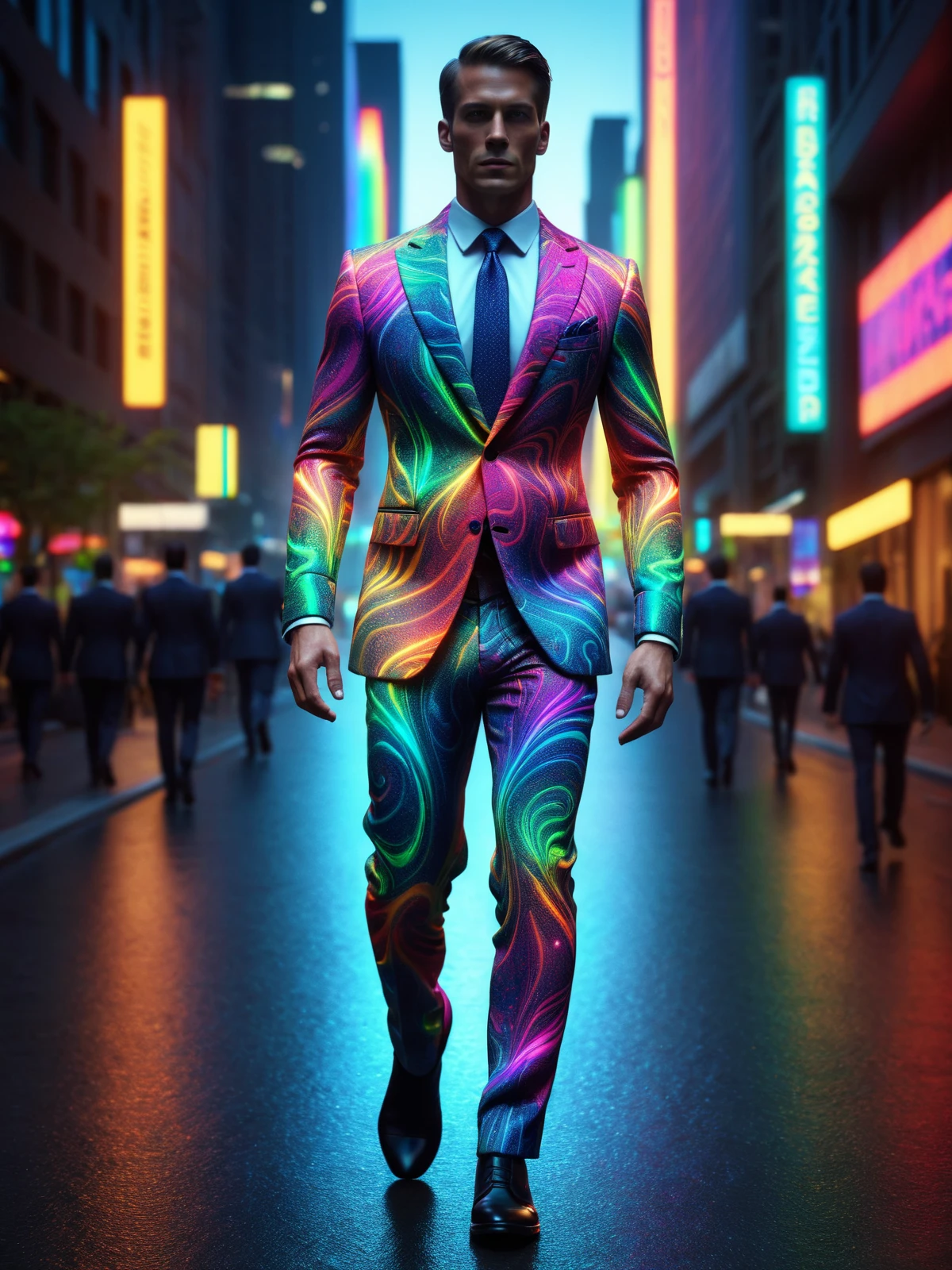 man wearing a glowing rainbow-colored mad-mbp business suit walking through city, night, dynamic pose<lora:Glowing_Marbled_Paper_SDXL:0.6>, (masterpiece:1.2), best quality, (hyperdetailed, highest detailed:1.2), high resolution textures