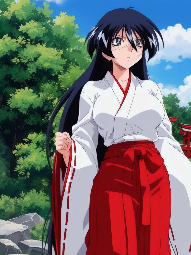 <lora:Fujiwara_Mitsuki:0.9>, Fujiwara Mitsuki, 1girl, soro, long_hair, black_hair, blue_hair, grey_eyes, hair_between_eyes, miko, red hakama, large_breasts
miko, japanese clothes, skirt, hakama, red hakama, hakama skirt, long sleeves, day, outdoors, wide sleeves, shrine, tabi, standing, 1990s (style), cowboy_Shot, tree,
masterpiece, high quality, very_high_resolution, large_filesize, full color, 1990s \(style\), anime, anime_screencap, animated gif, mp4 ,video, animated, retro artstyle,