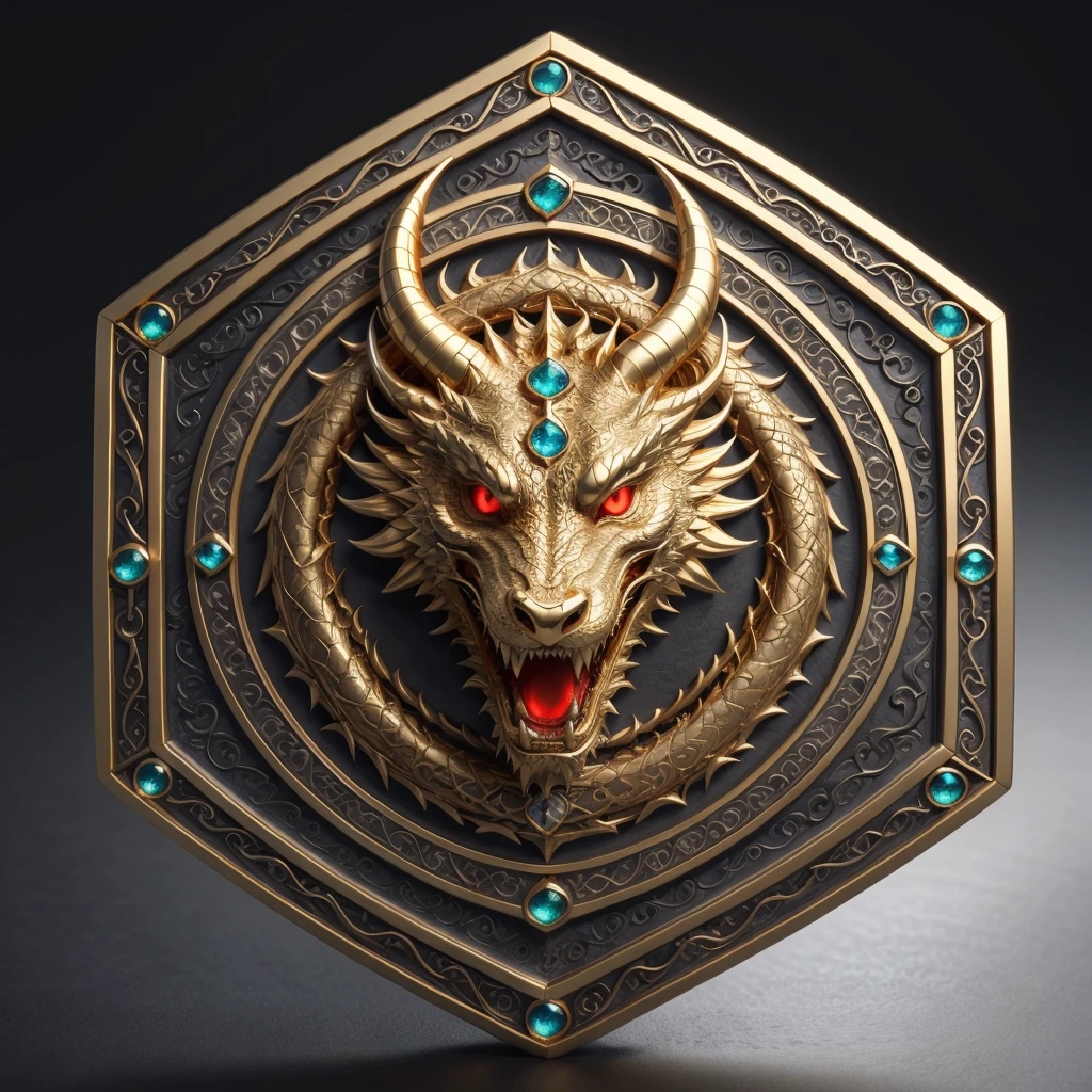 masterpiece, best quality, highly detailed, dragon talisman BREAK pendant, dragon head, gemstones, red dragon, gold trim, glowing, mountains, nice contrast