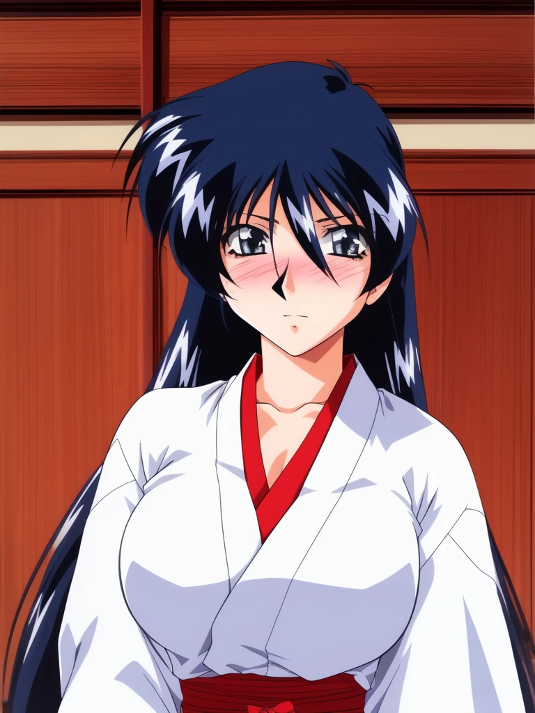 <lora:Fujiwara_Mitsuki:0.8>,fujiwaramitsuki, 1girl, solo, long hair, japanese clothes, upper body, retro artstyle, blue hair, 1990s (style), black hair, kimono, looking at viewer, white kimono, blush, miko, bangs,
masterpiece, high quality, very_high_resolution, large_filesize, full color,