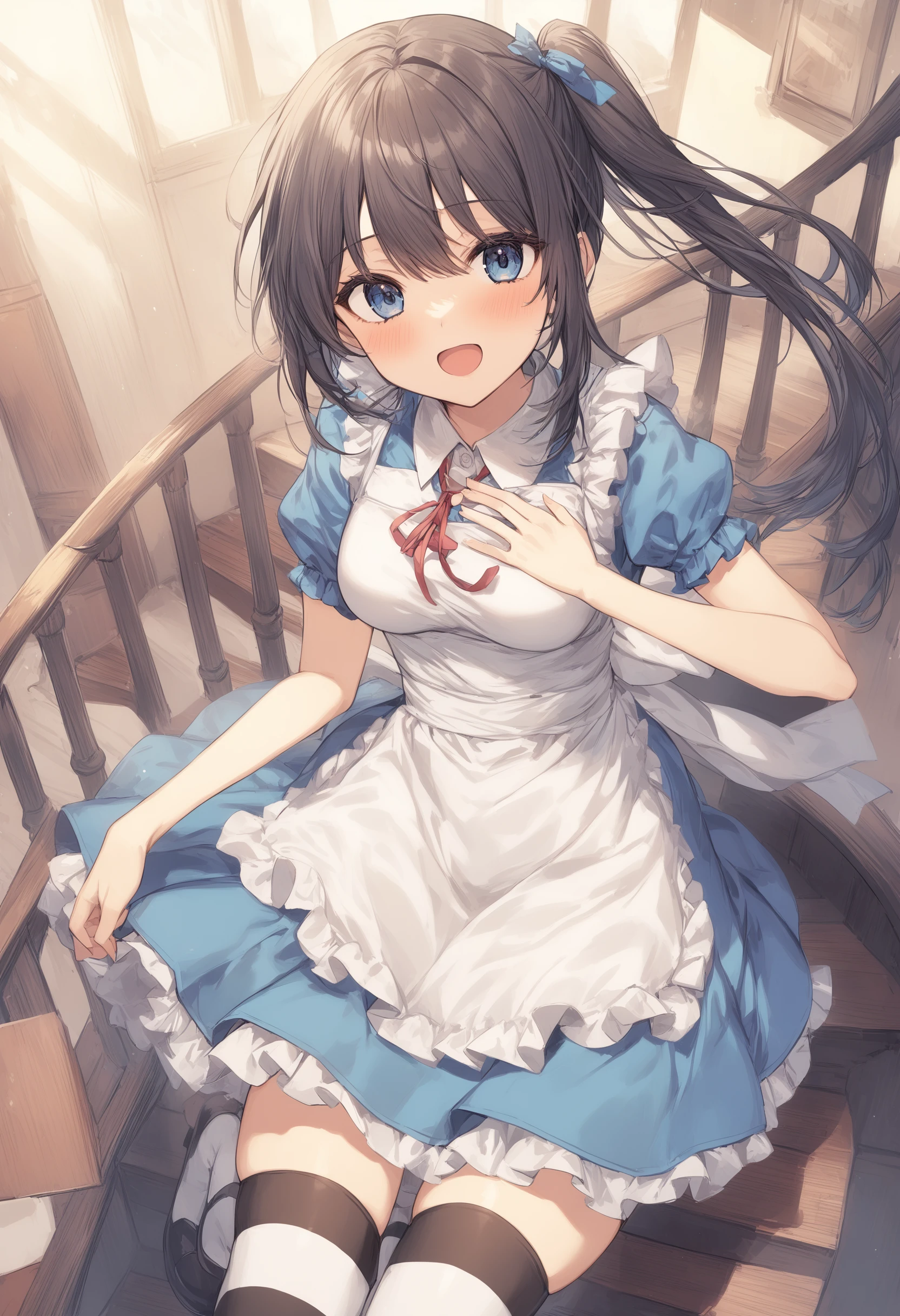 1girl, <lora:sdxl2-flat2-512b:-1>,medium breasts,solo,
<lora:alicecosXLv2:0.8>,alicecos,thighhighs,legwear,hair ribbon, blue dress,short sleeves, frills apron, puffy short sleeves,
dutch angle, cowboy shot, looking at viewer, happy, spiral staircase, open mouth,
best quality,medium quality,