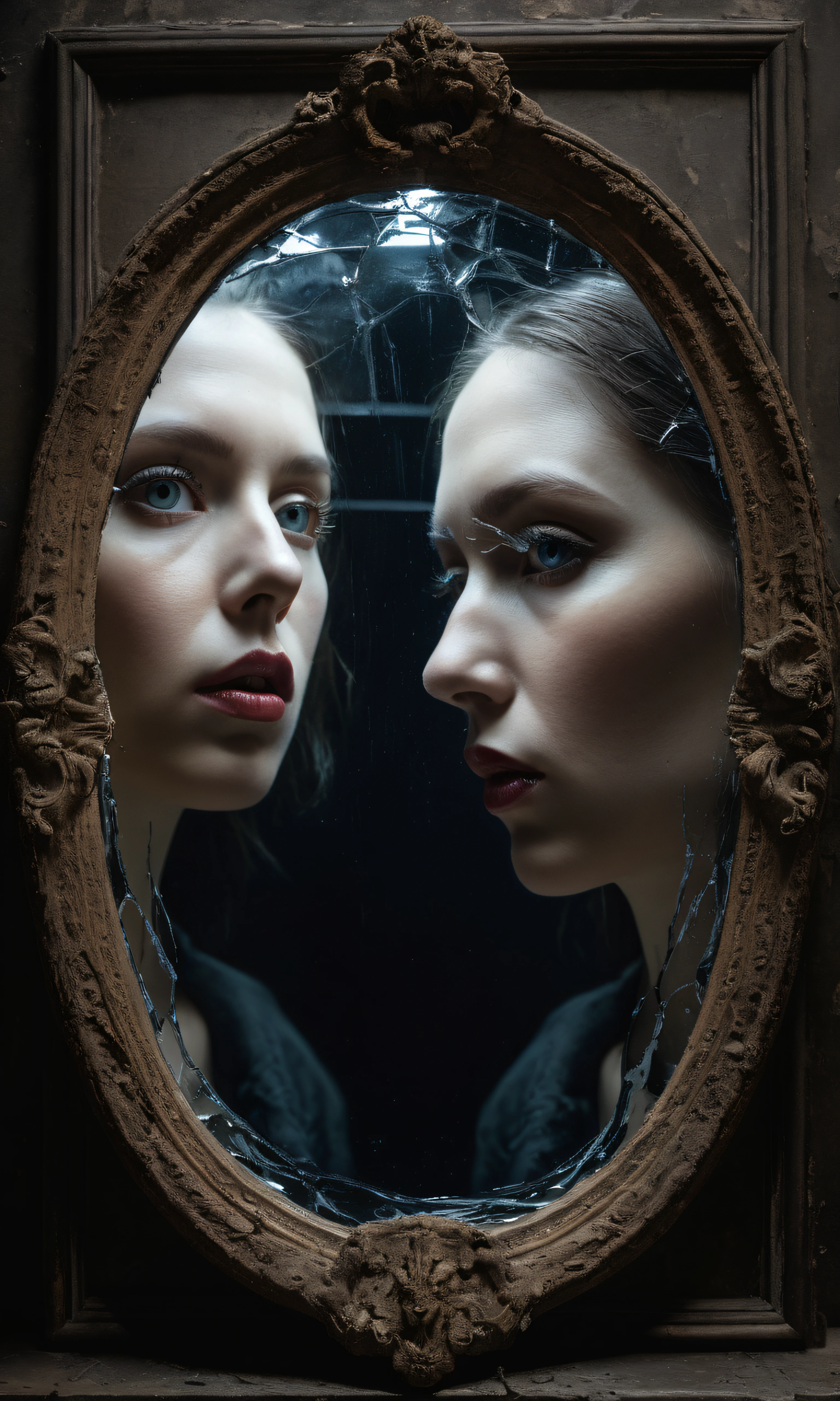 Distorted malevolent faces in a shattered mirror, horror, macabre, haunted mirror, cursed objects, dark energy, supernatural, twisted reflections, eerie atmosphere, surrealistic, intricate details, dark color palette, mysterious lighting, by René Magritte and JoelPeter Witkin , detailed, realistic, 8k uhd, high quality,