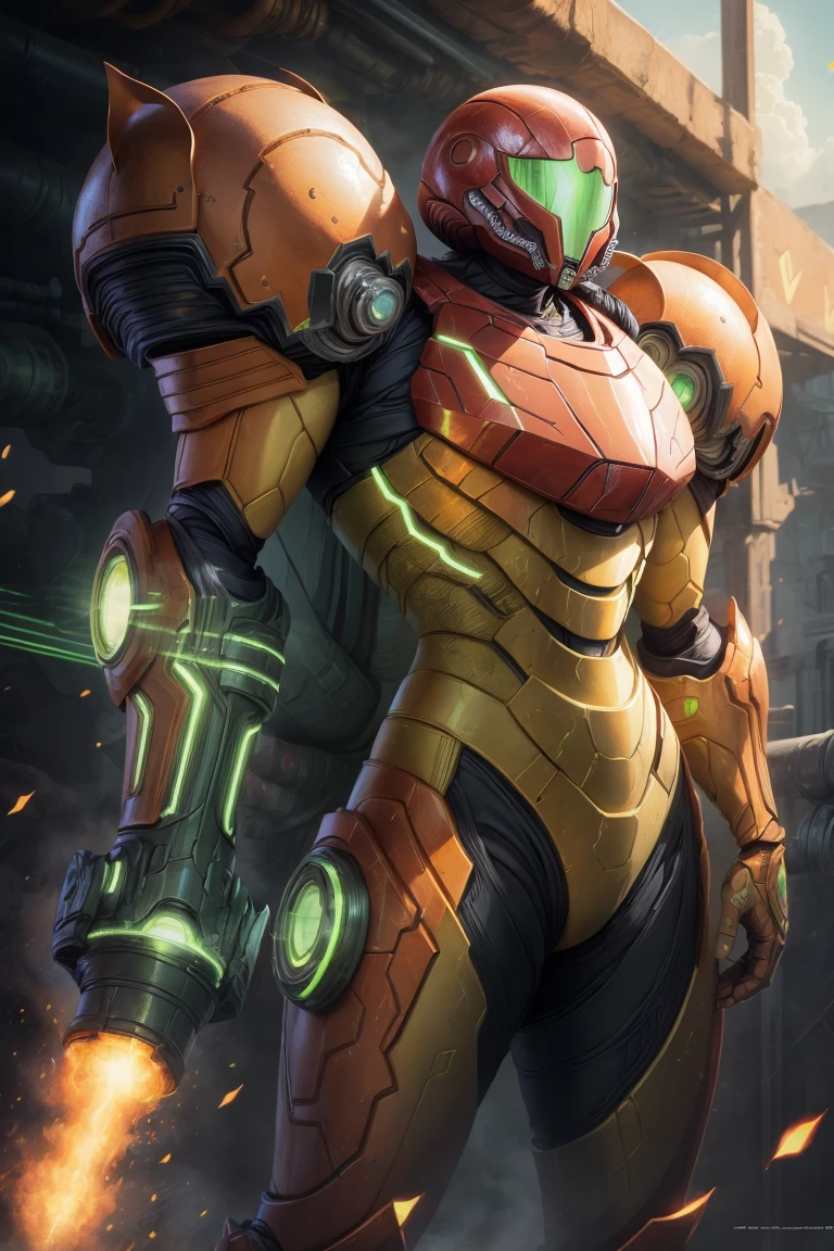 ((masterpiece,best quality)),  <lora:Samus_Varia_Suit:0.8>,  samus aran, (orange armor:1.2),  varia suit, arm cannon,  highres, official art,  solo, cowboy shot, shiny metal,  <lora:more_details:0.3>, glow, cinematic composition,