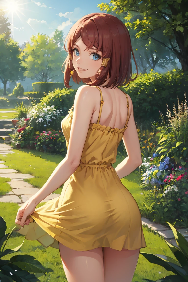 masterpiece, best quality, absurdres, RoseTales, short hair, hair tubes, from behind, (yellow sundress), garden, day, sunshine, smile, looking back, <lora:CHAR-RoseTales:1>