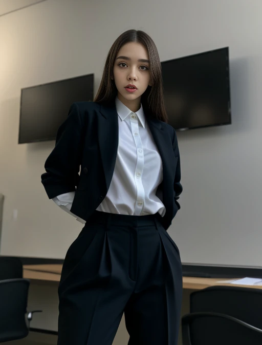 full body shot of business photo of kiko_baka, pants, black attire, big breats, collared shirt, tucked shirt,  <lora:kiko_baka:1>. Professional attire, workplace setting, confident. Whole outfit, clear, sharp, balanced<lora:lcm-lora-sd15:1.0>