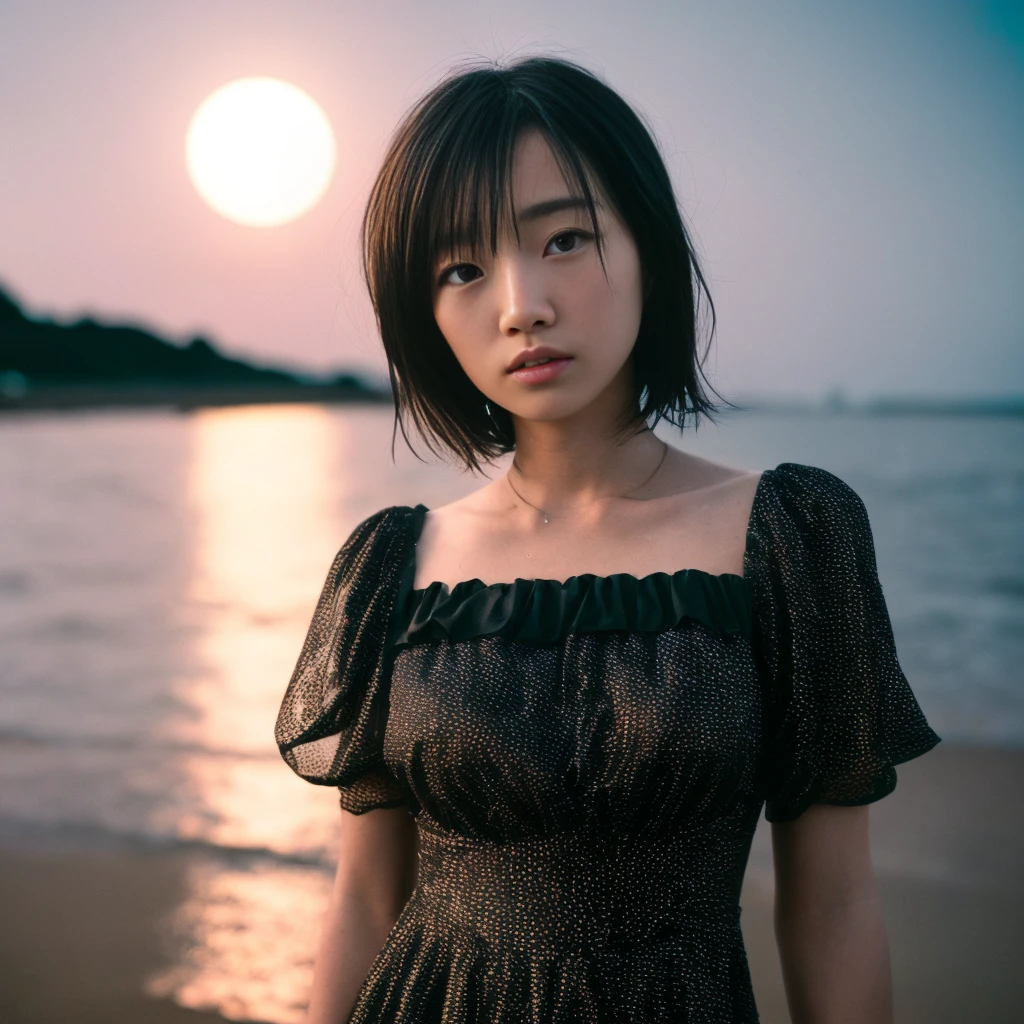 cinematic photo <lora:add_detail:0.8>,(ultra high res,masterpiece,best quality,highly detailed:1.3),
<lora:riccco_v1:0.7>,riccco99,teenage,solo,1girl,short hair,black hair,
petite, perfect eyes,(night:1.4),starry sky,full moon,
standing on the beach, (looking at viewer,melancholic mood,emotional athmosphere:1.4),(wearing cute dress:1.2),wet clothes,adorable, 35mm photograph, film, professional, 4k, highly detailed