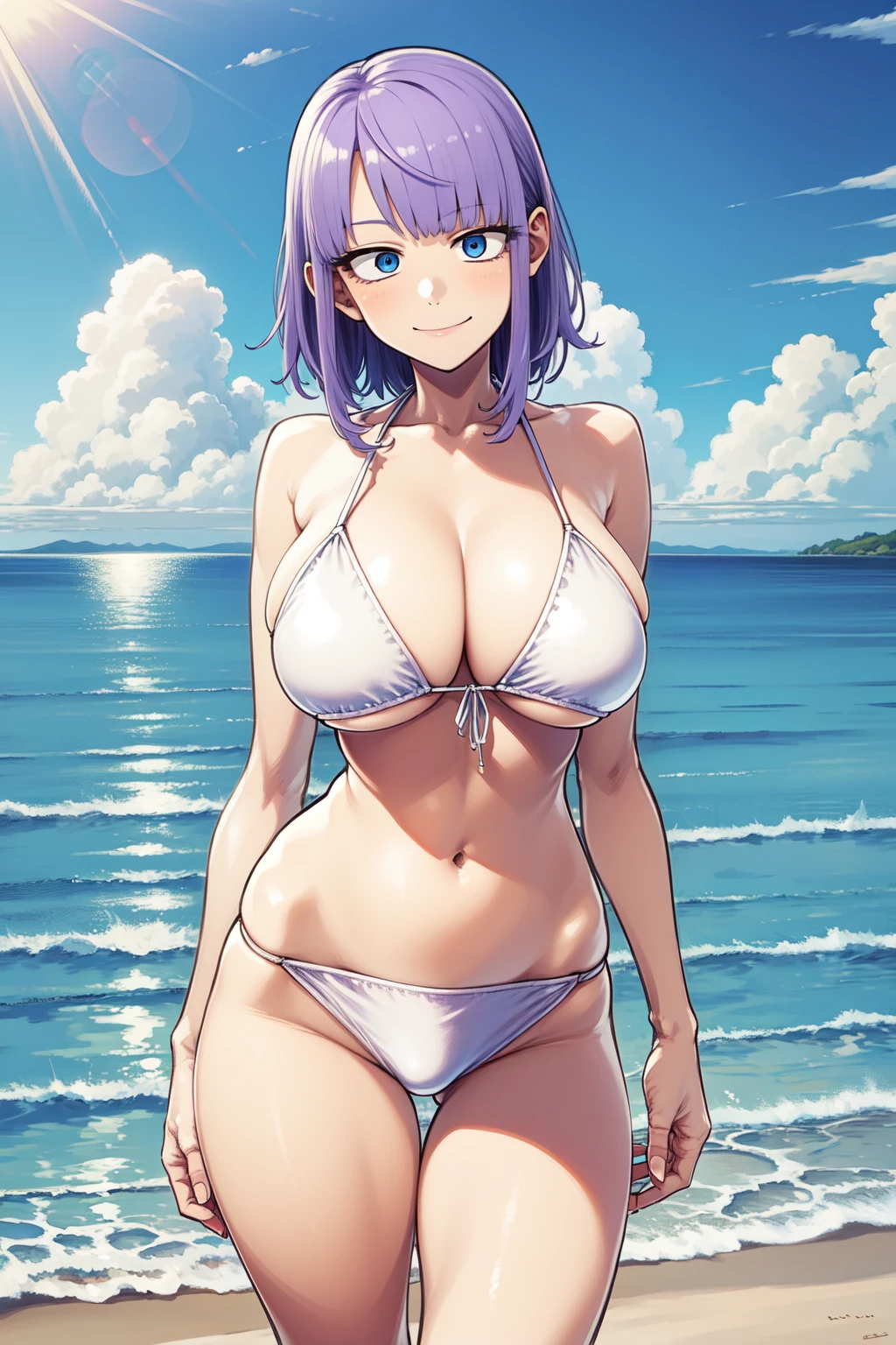 1girl, cowboy shot, beach, smile, large breasts,
shidare_hotaru, blue eyes, ringed eyes, purple hair, short hair, white bikini, <lora:shidare_hotaru_lora_ver1:0.7>, best quality, masterpiece, highres, <lora:GoodHands-vanilla:1>