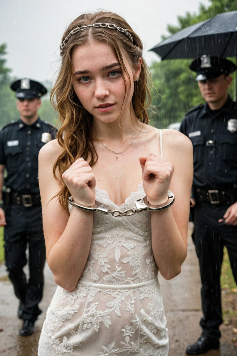 masterpiece,best quality,ultra high res,uncensored,prefect lighting,rating_explicit,
BREAK
(beautiful face:1.1),
20yo,
side_light,looking at viewer,
<lora:neg4all_bdsqlsz_xl_V7:1>,<lora:RMSDXL_Enhance:1>,
<lora:j1_XL_0_:1>,j1,
the chains of the handcuffs,outdoors,
sweatdrop,(arms up:1.1),rain,<lora:handcuffs_XL_1_-000007:1>,a girl wedding_dress was escorted by the black_uniform police in handcuffs,